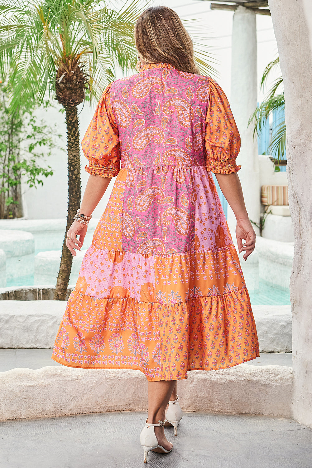 Floral Mixed Patchwork Tassel Tie Plus Size Midi Dress