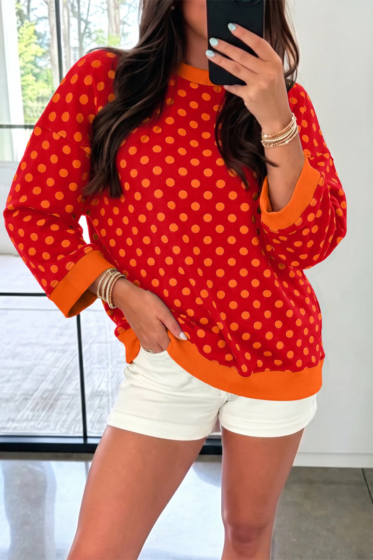 Blue Polka Dot Print Contrast Trim Round Neck Bracelet Sleeve Top