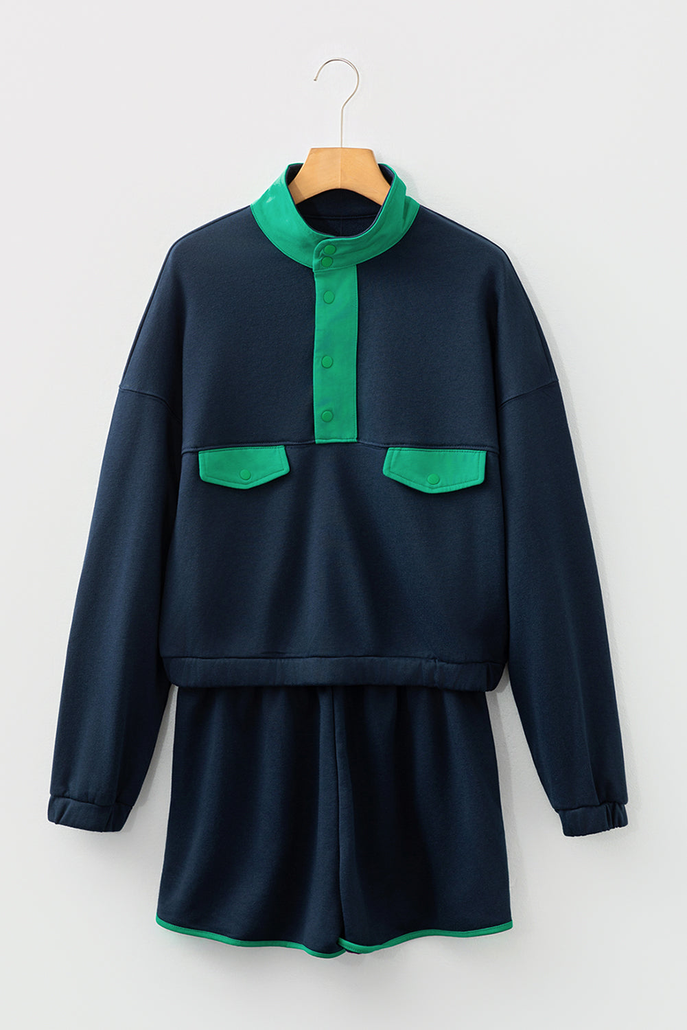 Yellow Color Block Patchwork Half Button Pullover and Shorts 2pcs Outfit