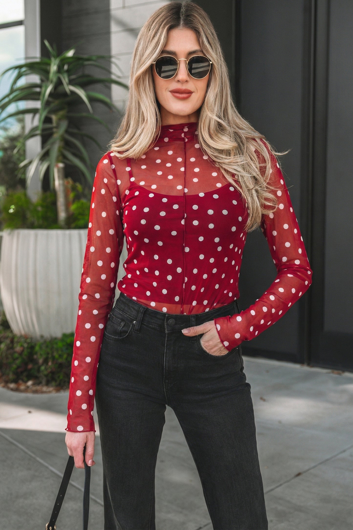 Polka Dot Mesh Long Sleeve Mock Neck Top