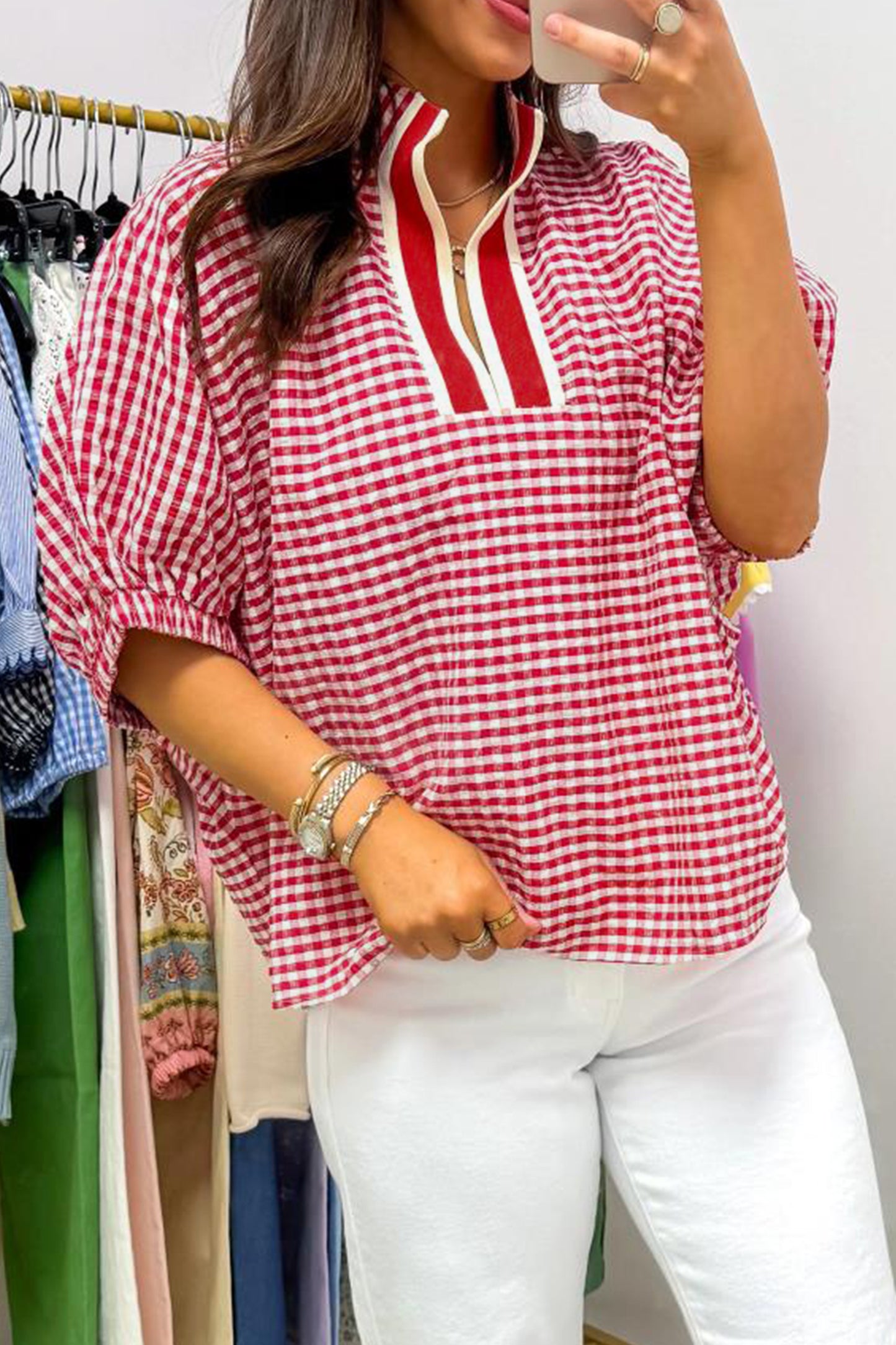Plaid Polyester Blouse Casual Shift Short Sleeve