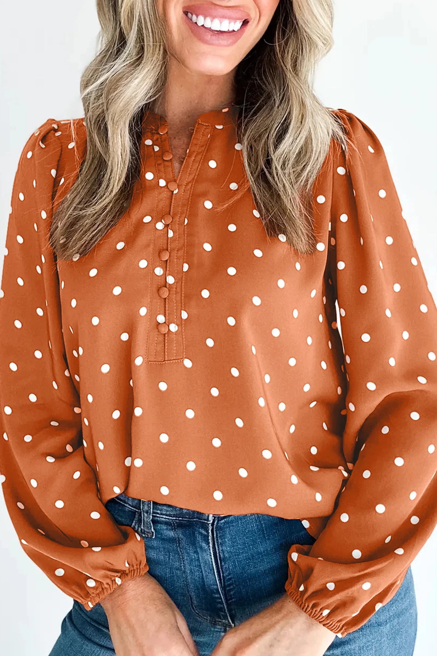Polka Dot Half Button V Neck Long Sleeve Blouse