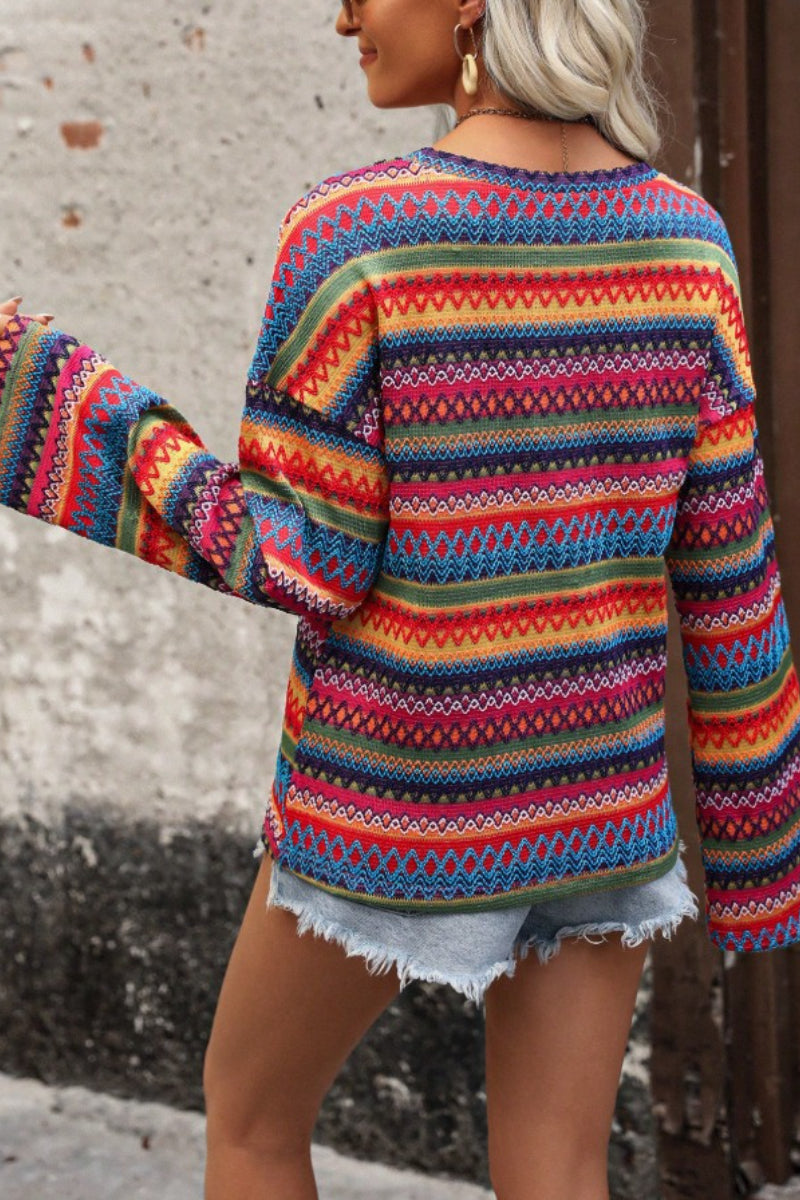 Geometric Sweater Boho Bell Sleeve Pullover Top