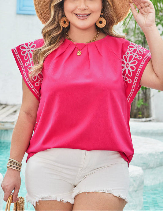 Strawberry Pink Floral Embroidered Flutter Sleeve Pleated O Neck Plus Size Blouse