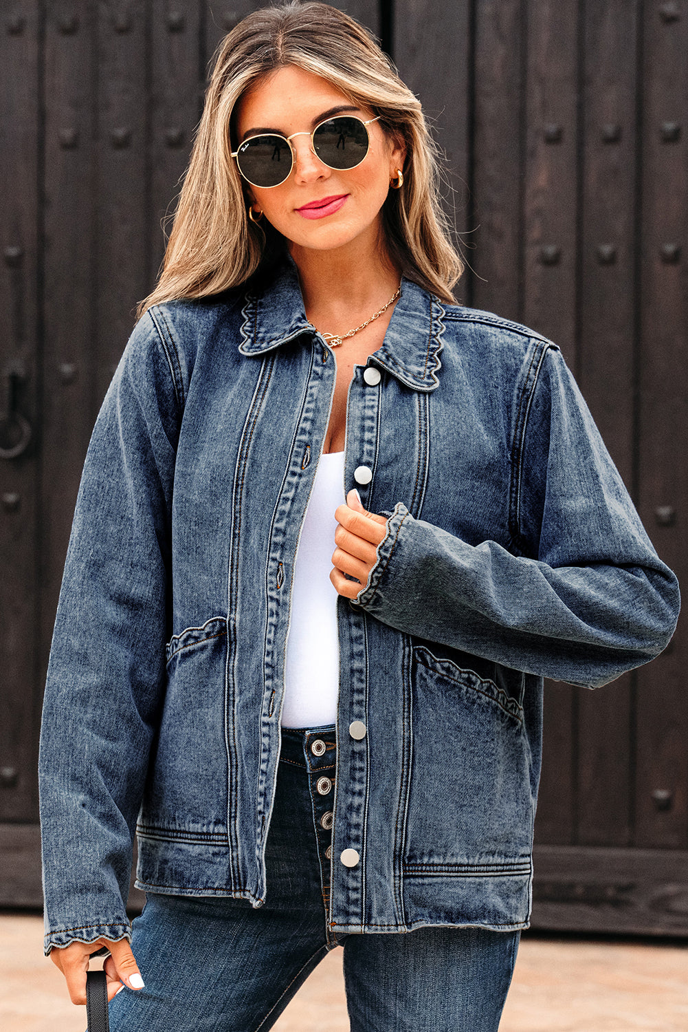 Myosotis Scallop Trim Collar Patched Pocket Button Up Denim Jacket
