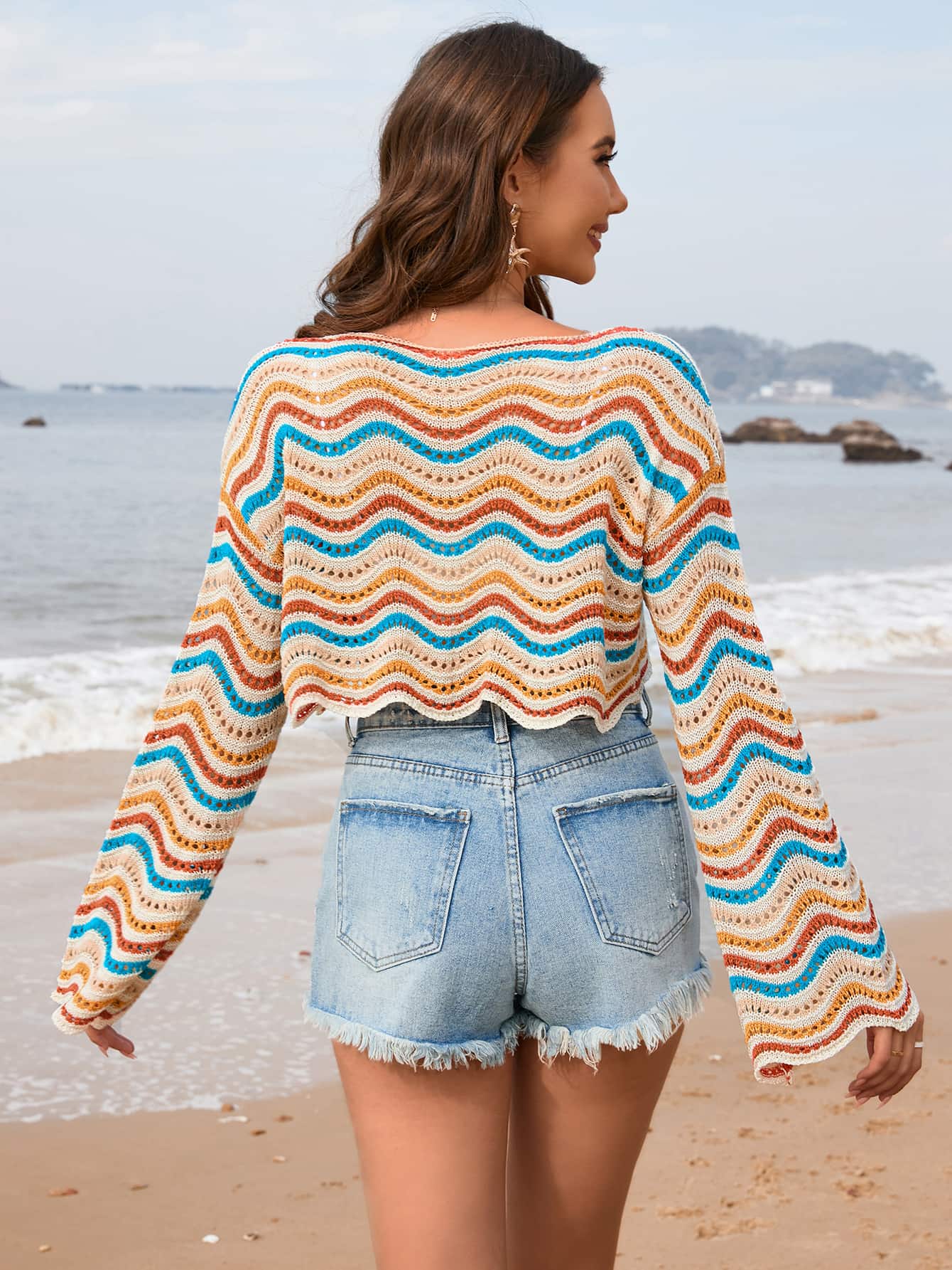 Crochet Striped Swimwear Cutout Beach Round Neck