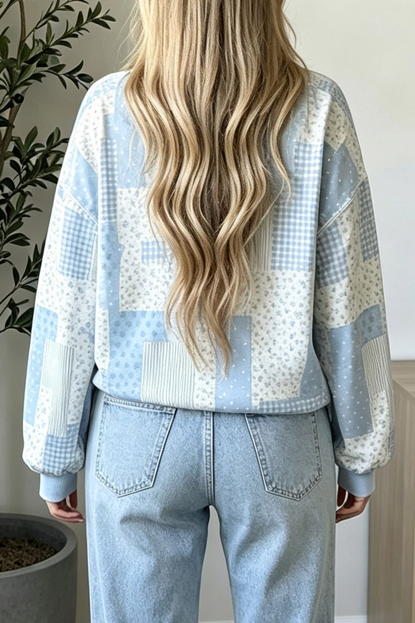 Khaki Patchwork Floral Print Mock Neck Long Sleeve Sweatshirt