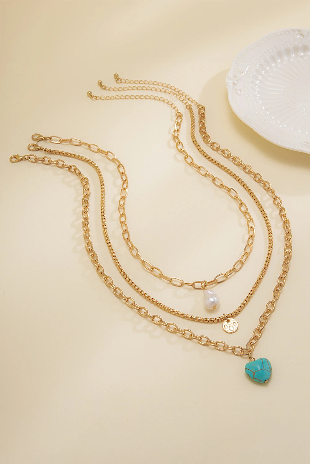 Gold Plated Baroque Pearl Turquoise Heart 3pcs Necklace Set