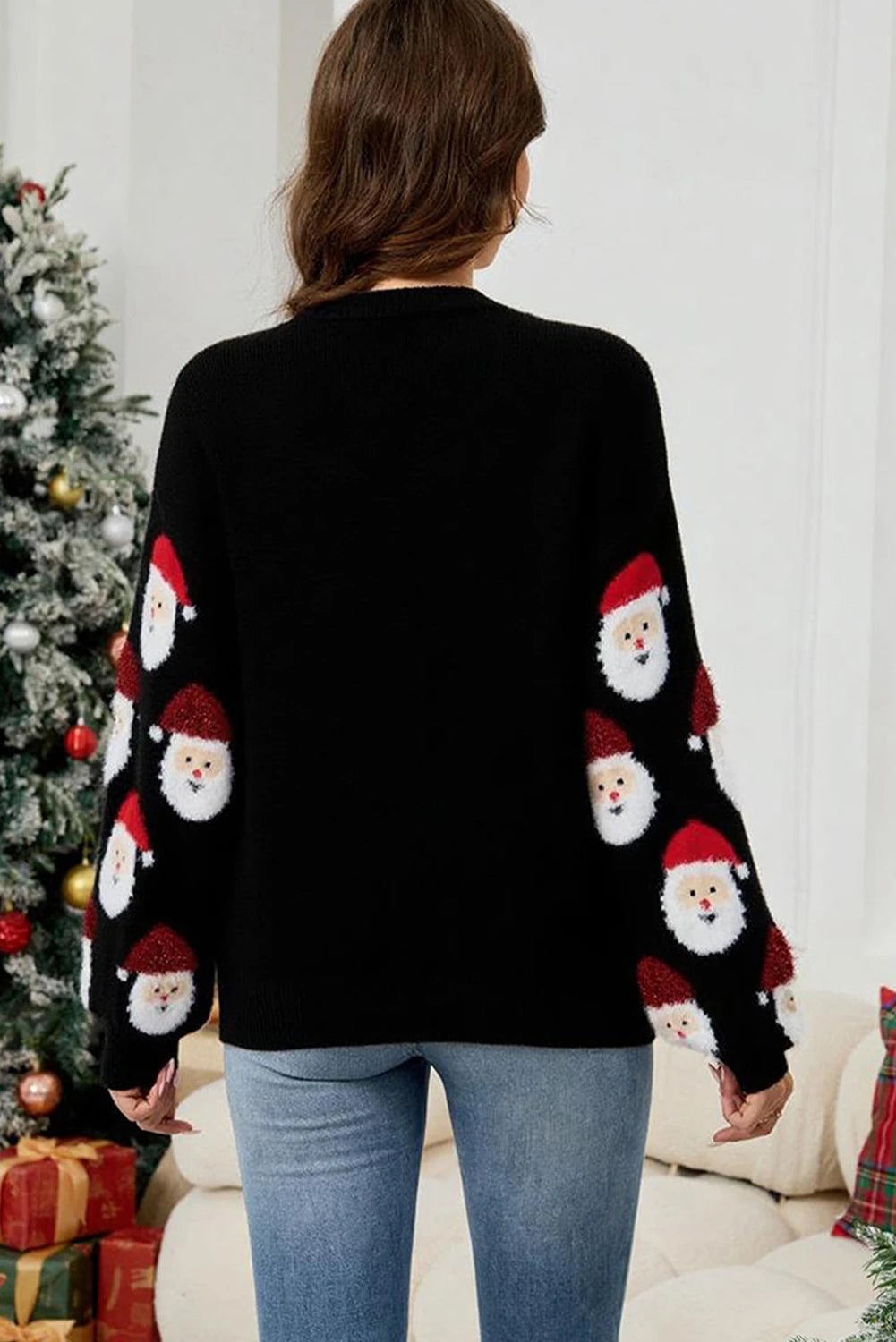 Christmas Santa Claus Pattern Button V Neck Sweater Cardigan