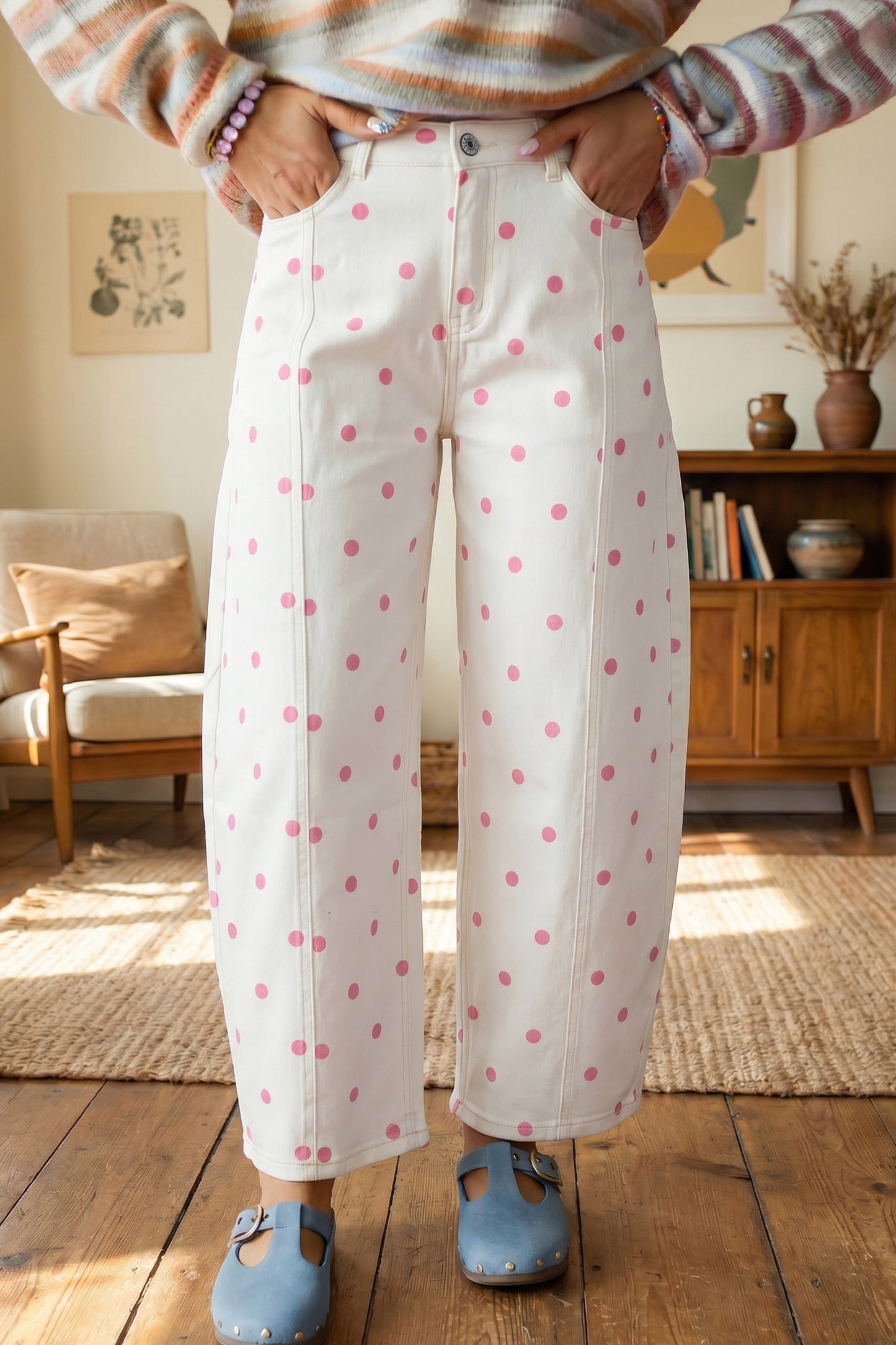 Polka Dot Cotton Jeans Casual High Waist Wide Leg