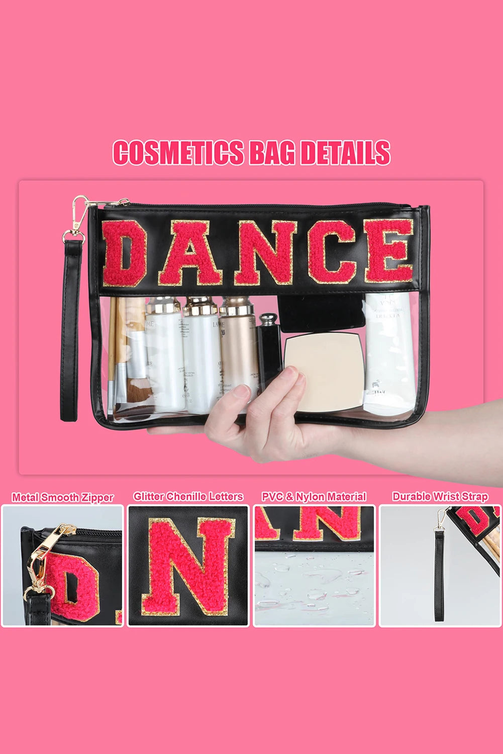 Chenille Letter PU Leather Patchwork Clear Makeup Bag