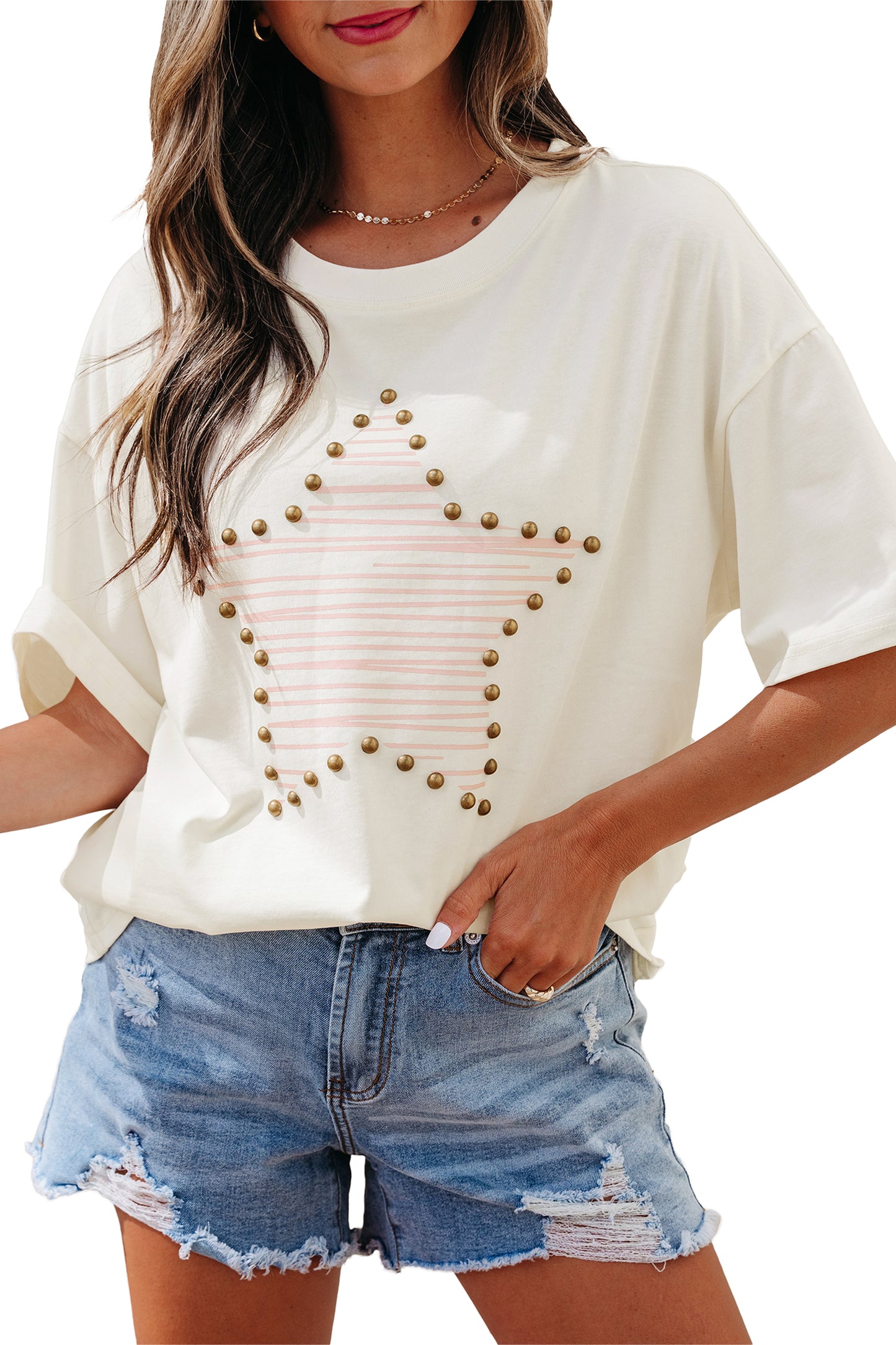 Beige Star Print Stud Detail Cotton Jersey Top