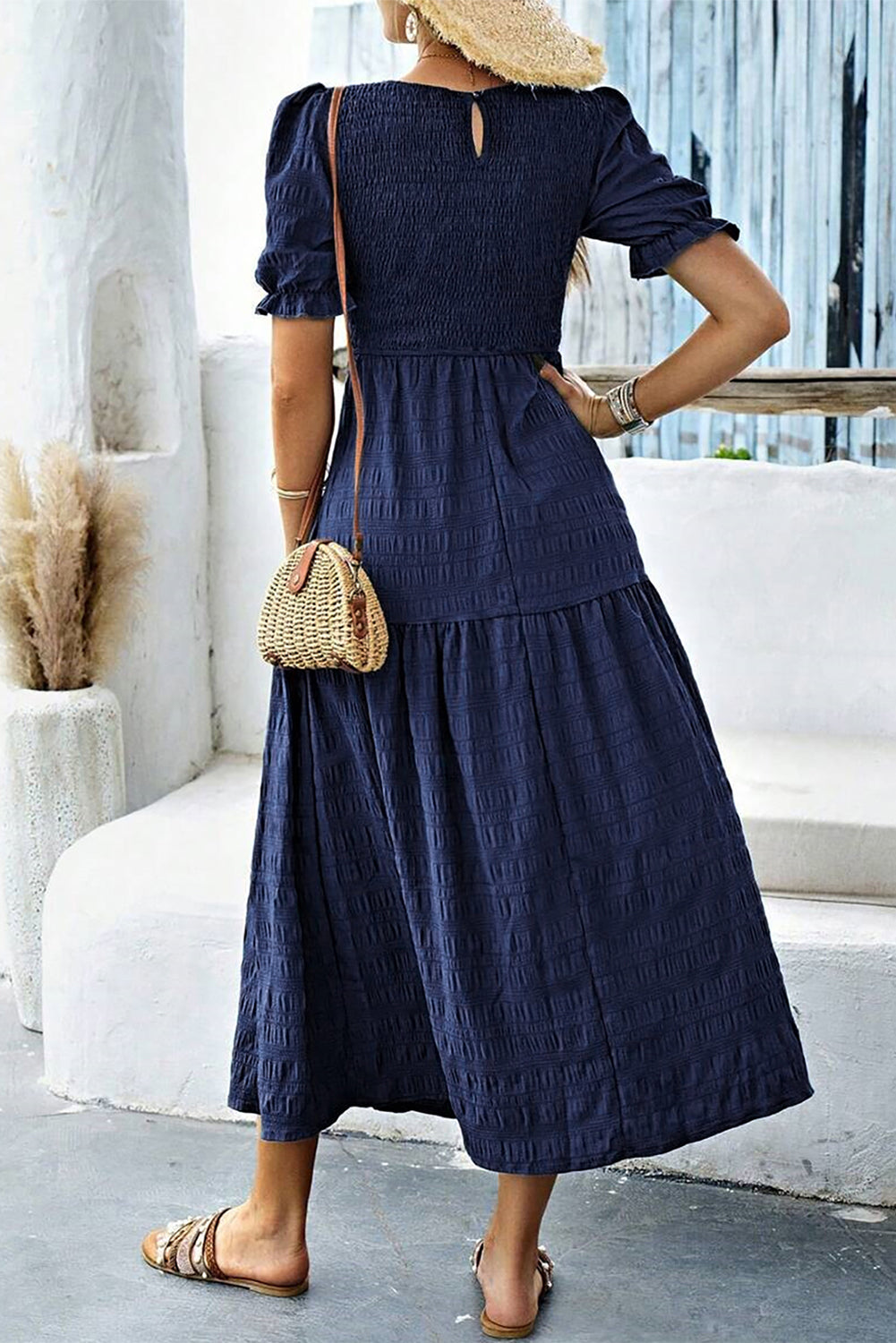 Sail Blue Solid Textured Smocked Puff Short Sleeve High Waist Long Dress