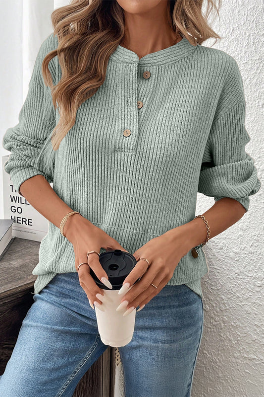 Ribbed Texture Drop Shoulder Henley Knit Top
