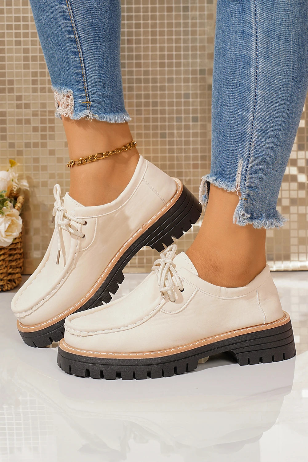 White PU Leather Lace-up Detail Contrast Lug Sole Shoes