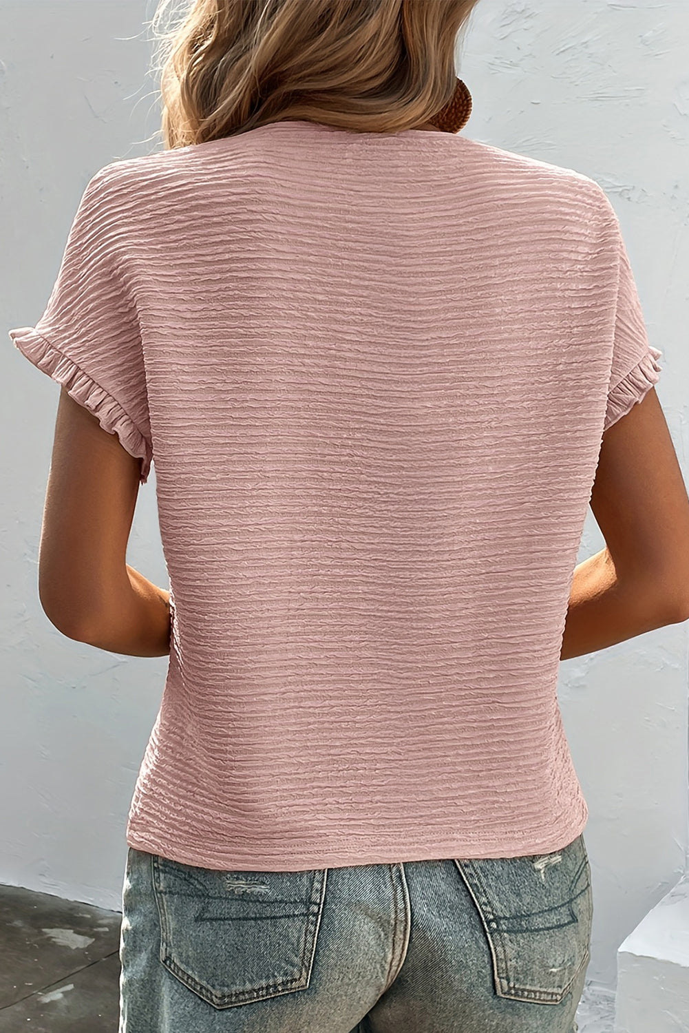Solid Textured Ruffled Short Sleeve Blouse