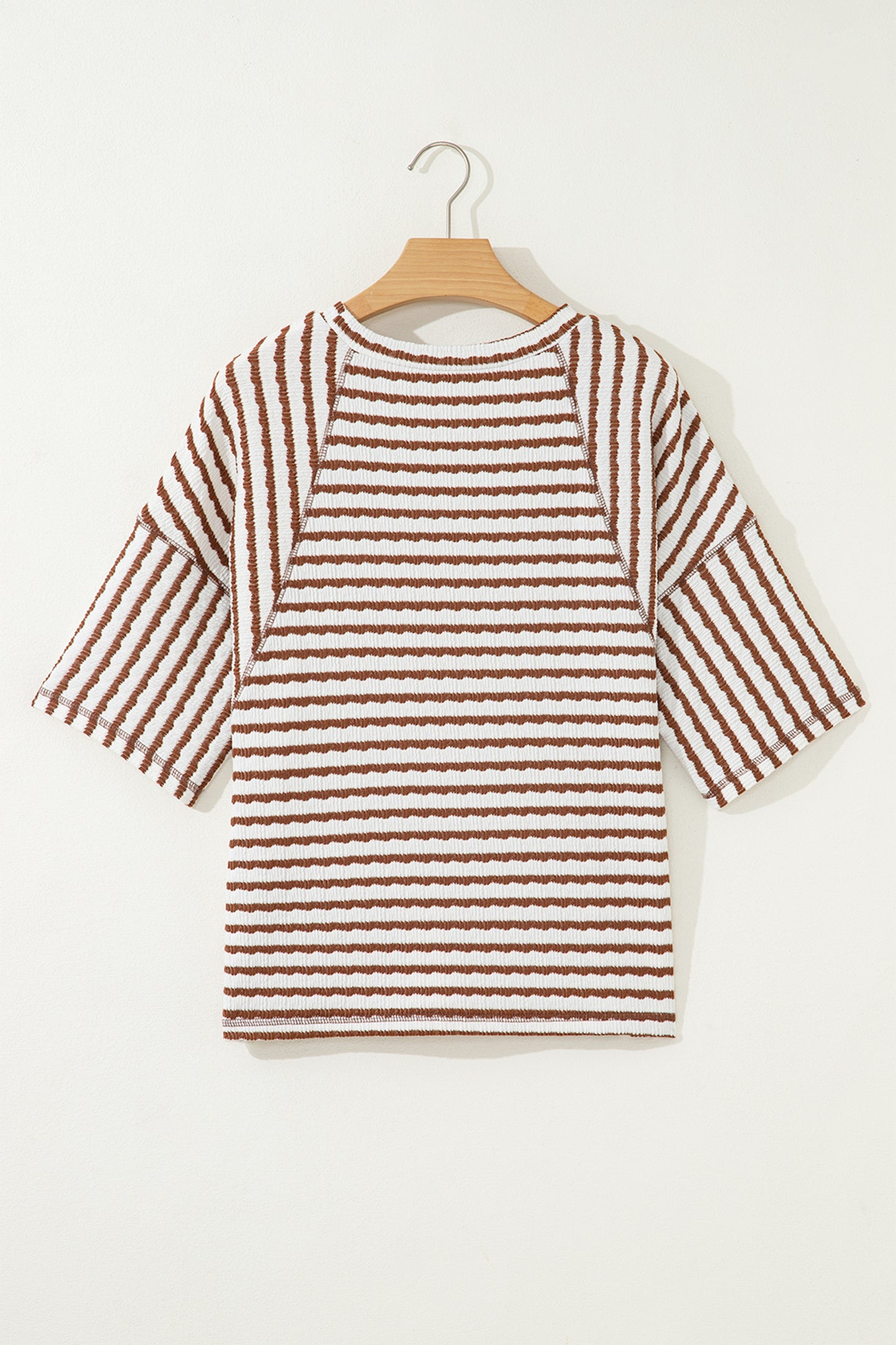 Apricot Stripe Textured Knit Split Hem Half Sleeve Loose Top