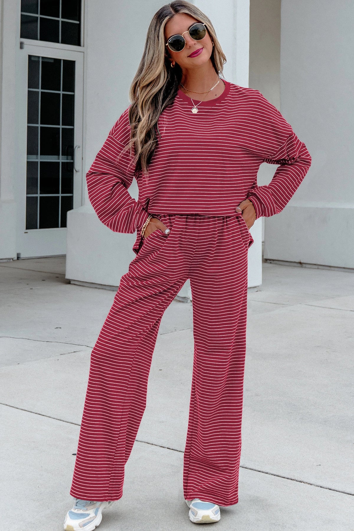 Green Stripe Dropped Shoulder Long Sleeve Top Elastic Waist Pants Casual 2pcs Set