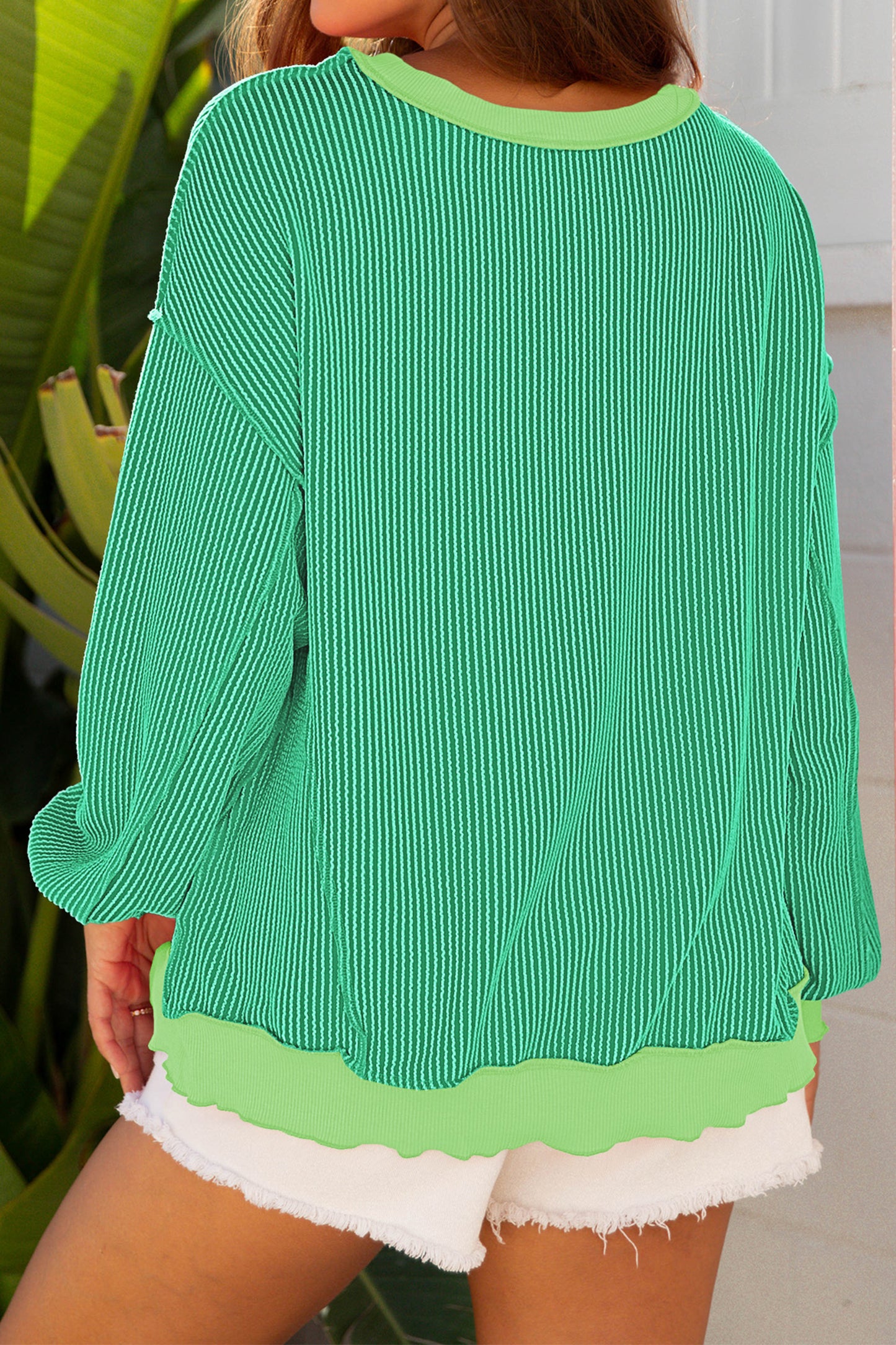 Bright Green Twisted Rib St Patricks Day Sequin Patch Graphic Long Sleeve Top