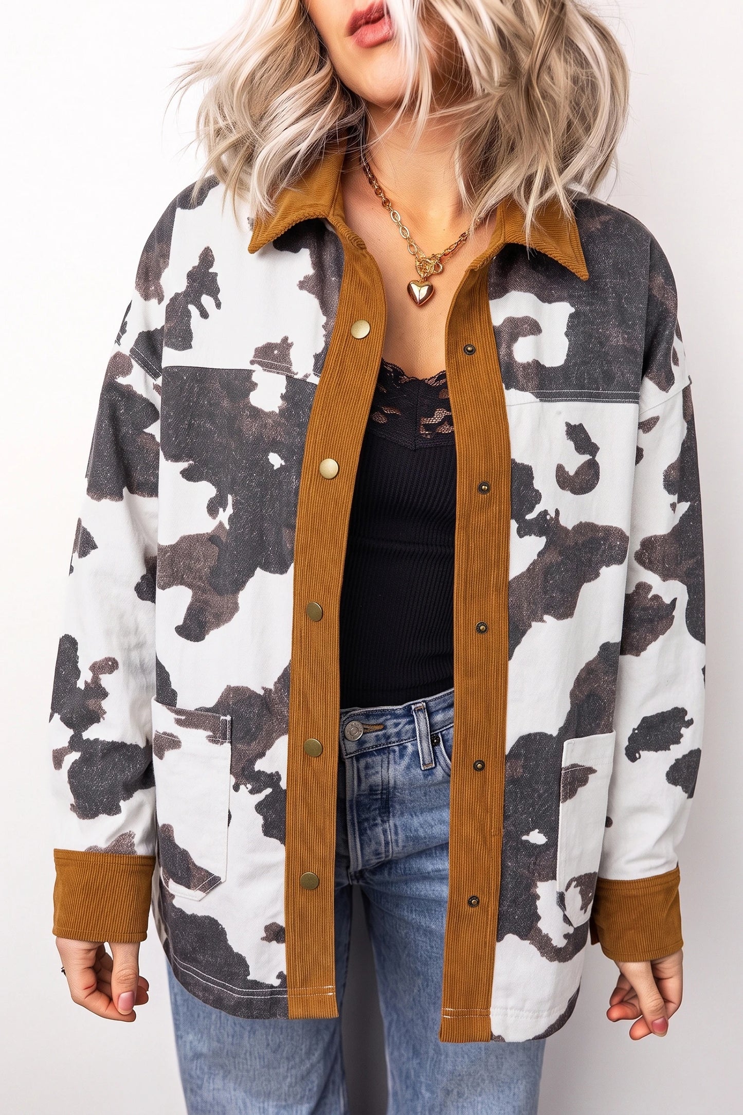 Multicolour Western Cow Print Long Sleeve Button-Up Denim Jacket  Item