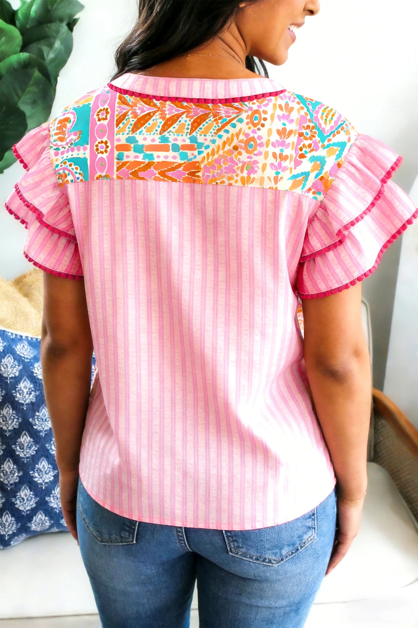 Rose Boho Mixed Print Contrast Trim Striped Patchwork Tiered Short Sleeve Blouse