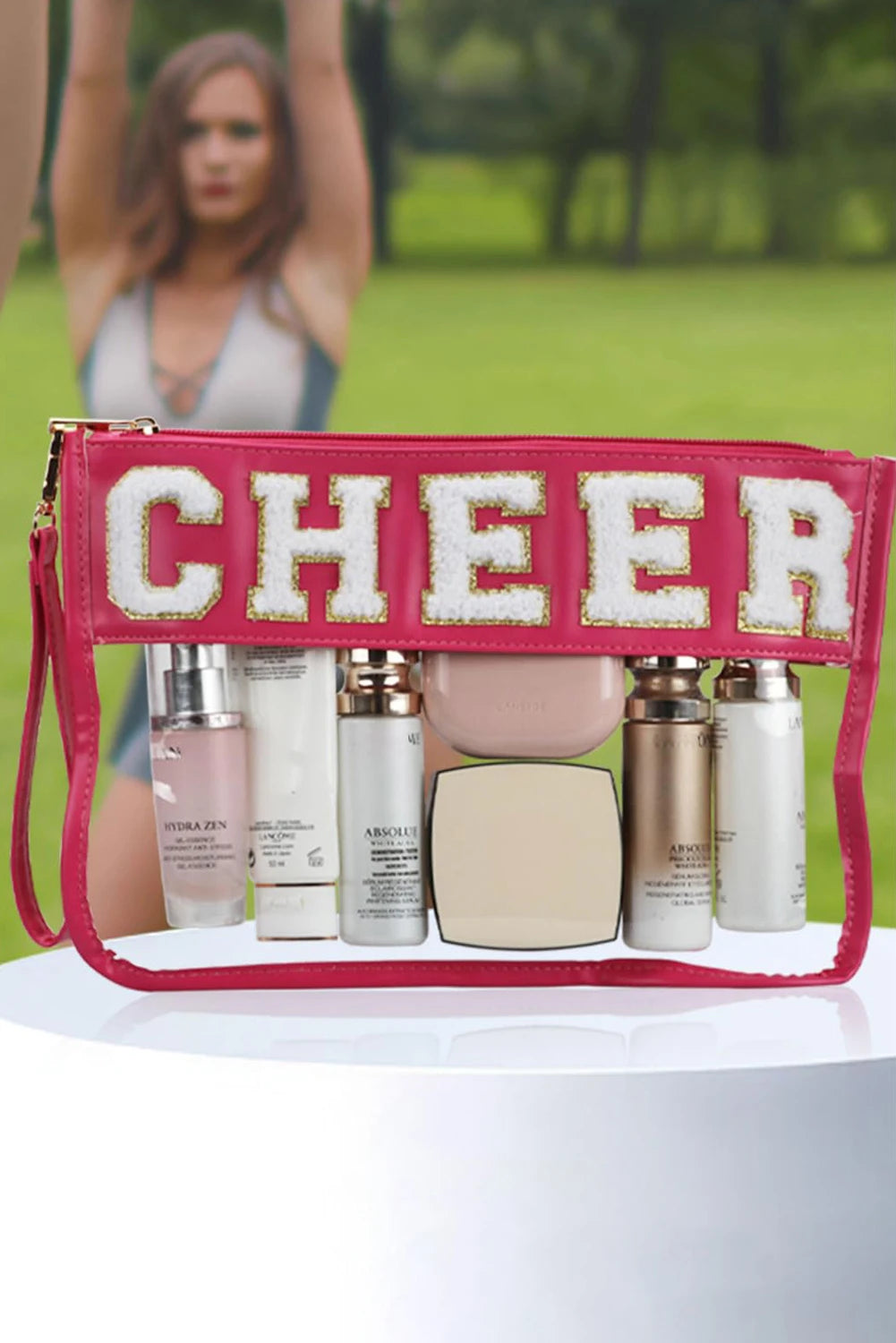 Chenille Letter PU Leather Patchwork Clear Makeup Bag