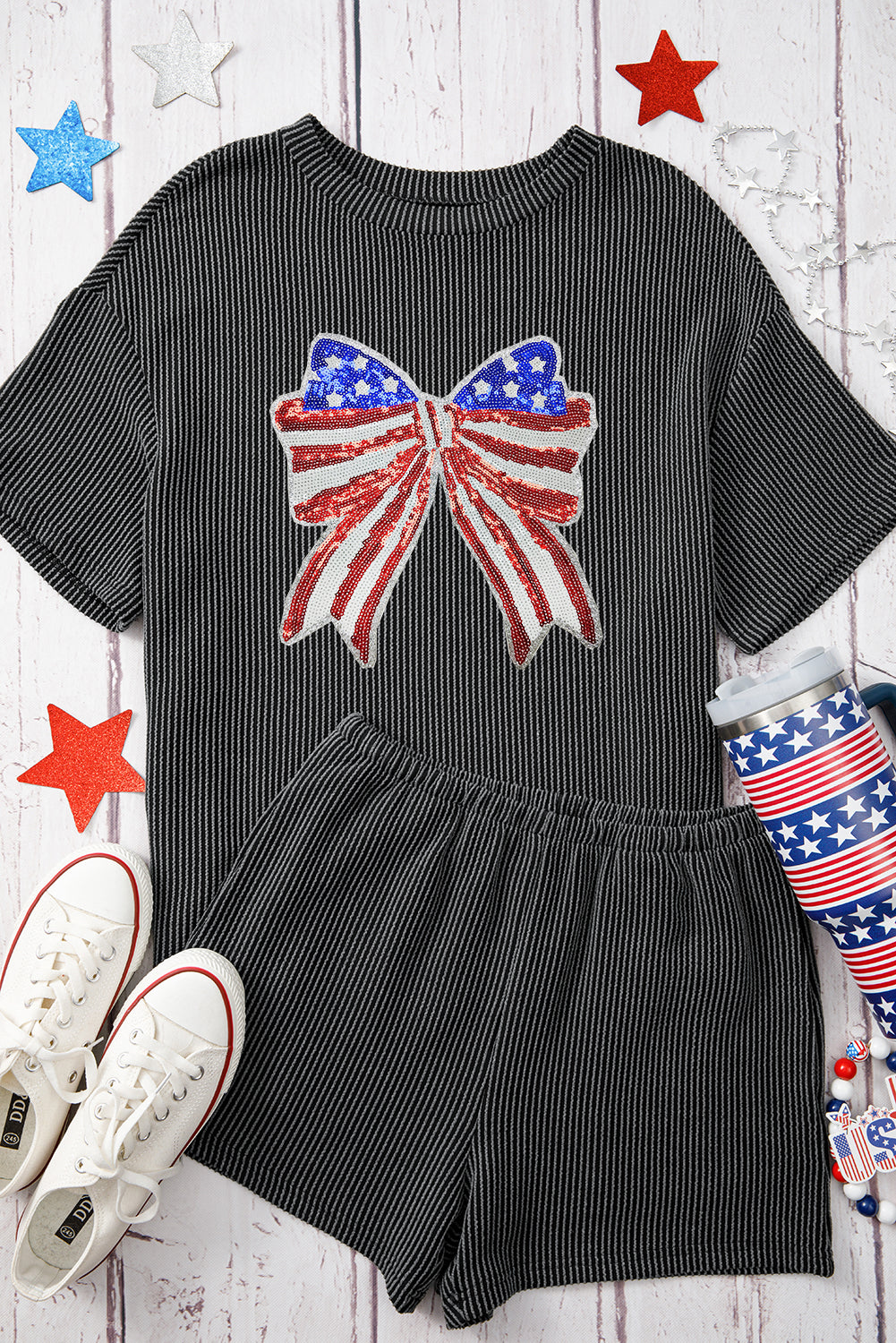 Carbon Grey Independence Day Sequin Bow Graphic Twist Rib Textured Short Set