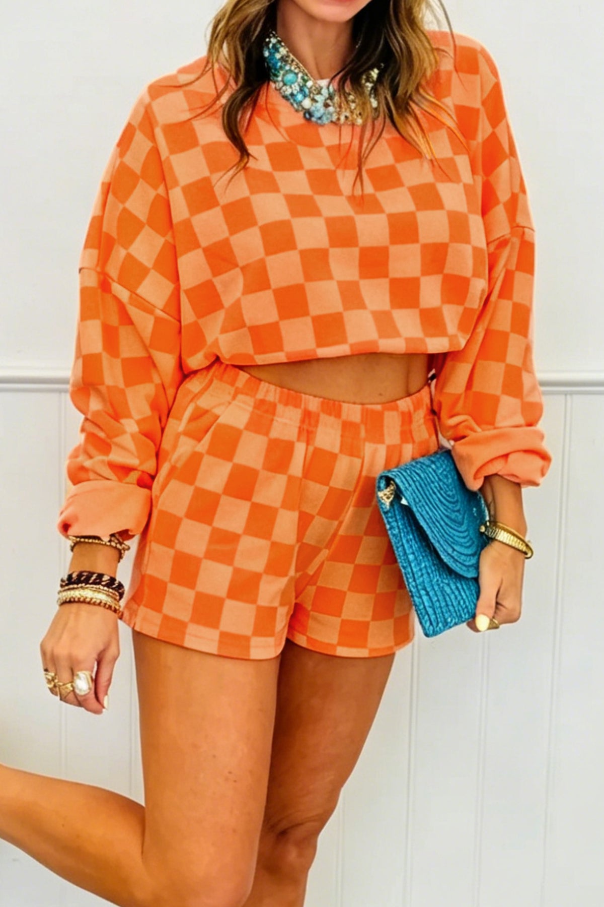 Pink Plaid Checkered Long Sleeve Crop Top Elastic Waist Shorts Two Piece Set