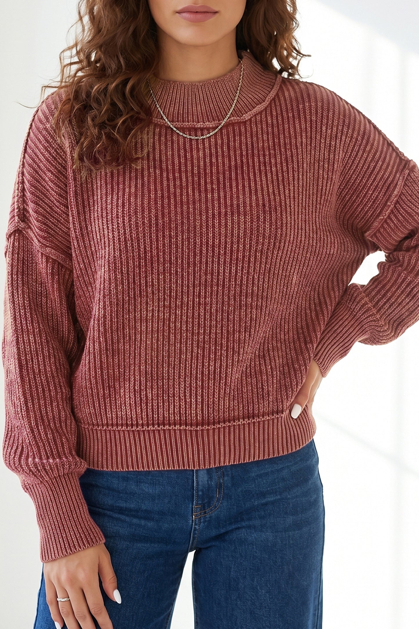 Red Dahlia Drop Shoulder High Neck Ribbed Sweater