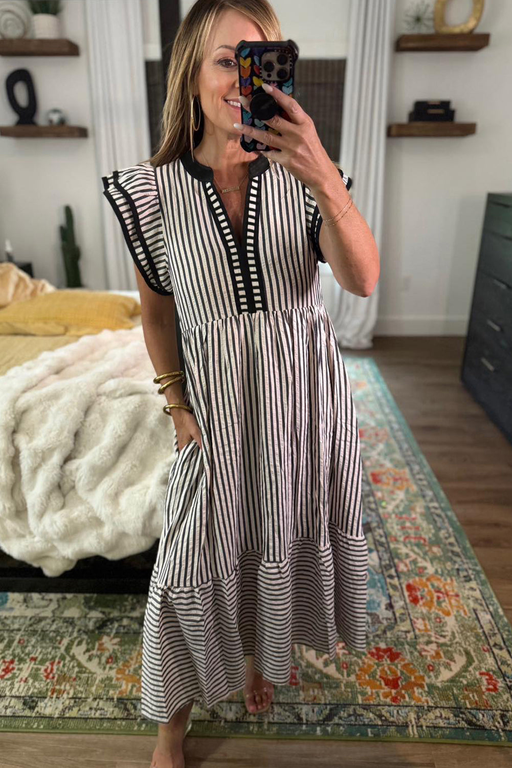Brown Stripe Double Ruffled Short Sleeve Contrast Trim V Neck Midi Dress