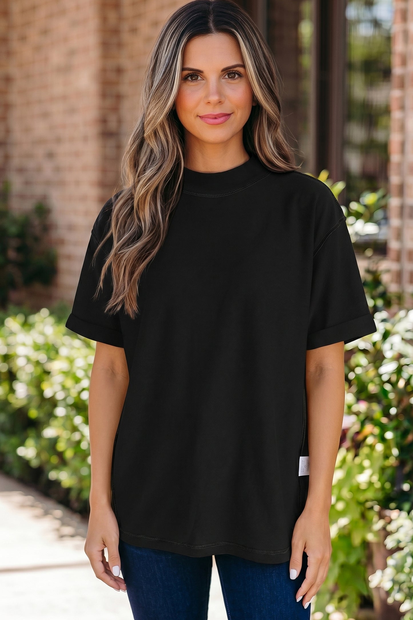 Solid Cotton Tee High Neck Oversized Casual Top
