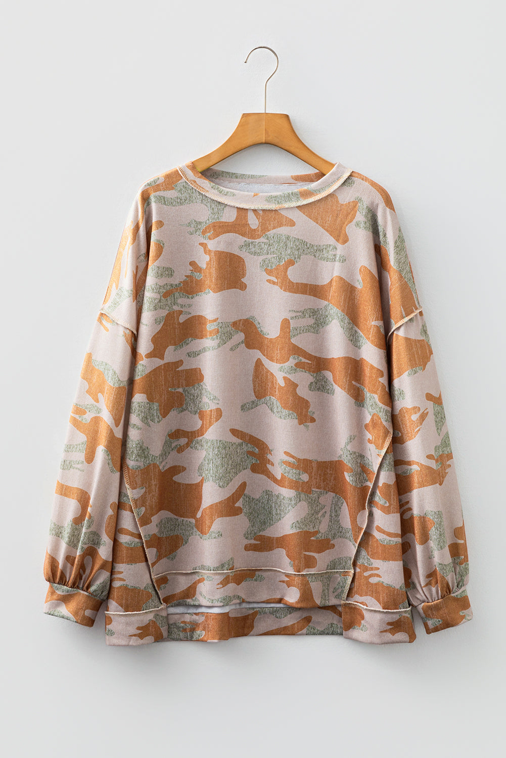 Multicolour Retro Camouflage Print Exposed Seam Patchwork Drop Shoulder Sweatshirt