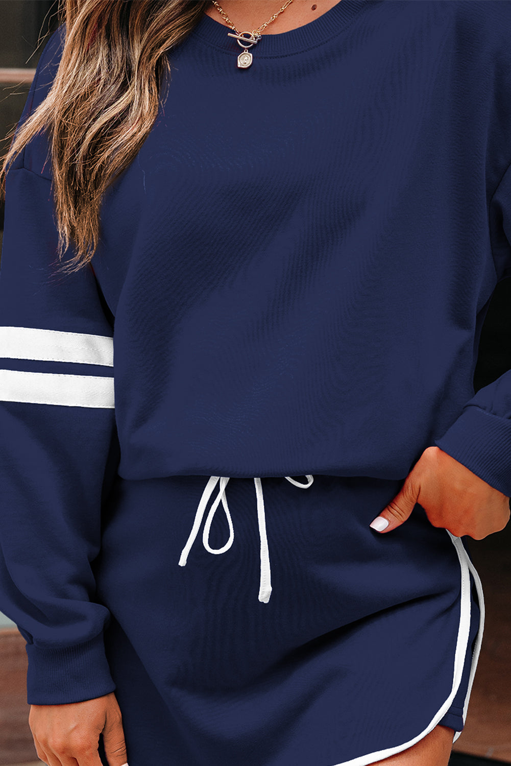 Orange Varsity Stripe Detail Drop Shoulder Pullover Mini Skirt Set
