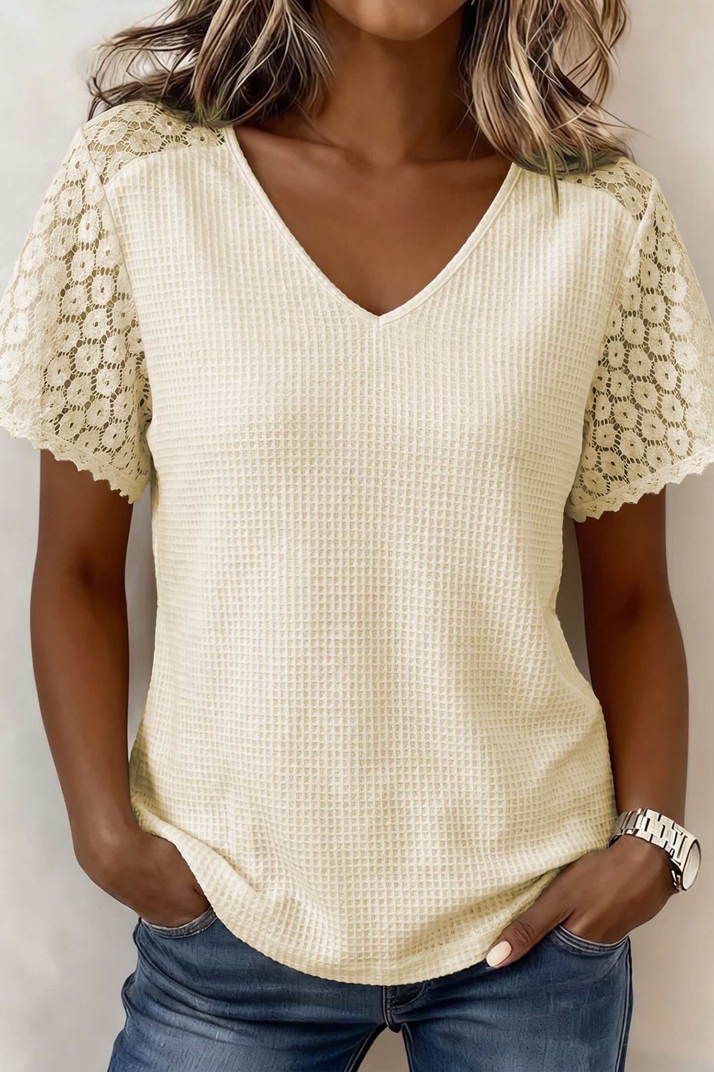 Patchwork Lace Viscose Blend Blouse Casual V-Neck Shift Top