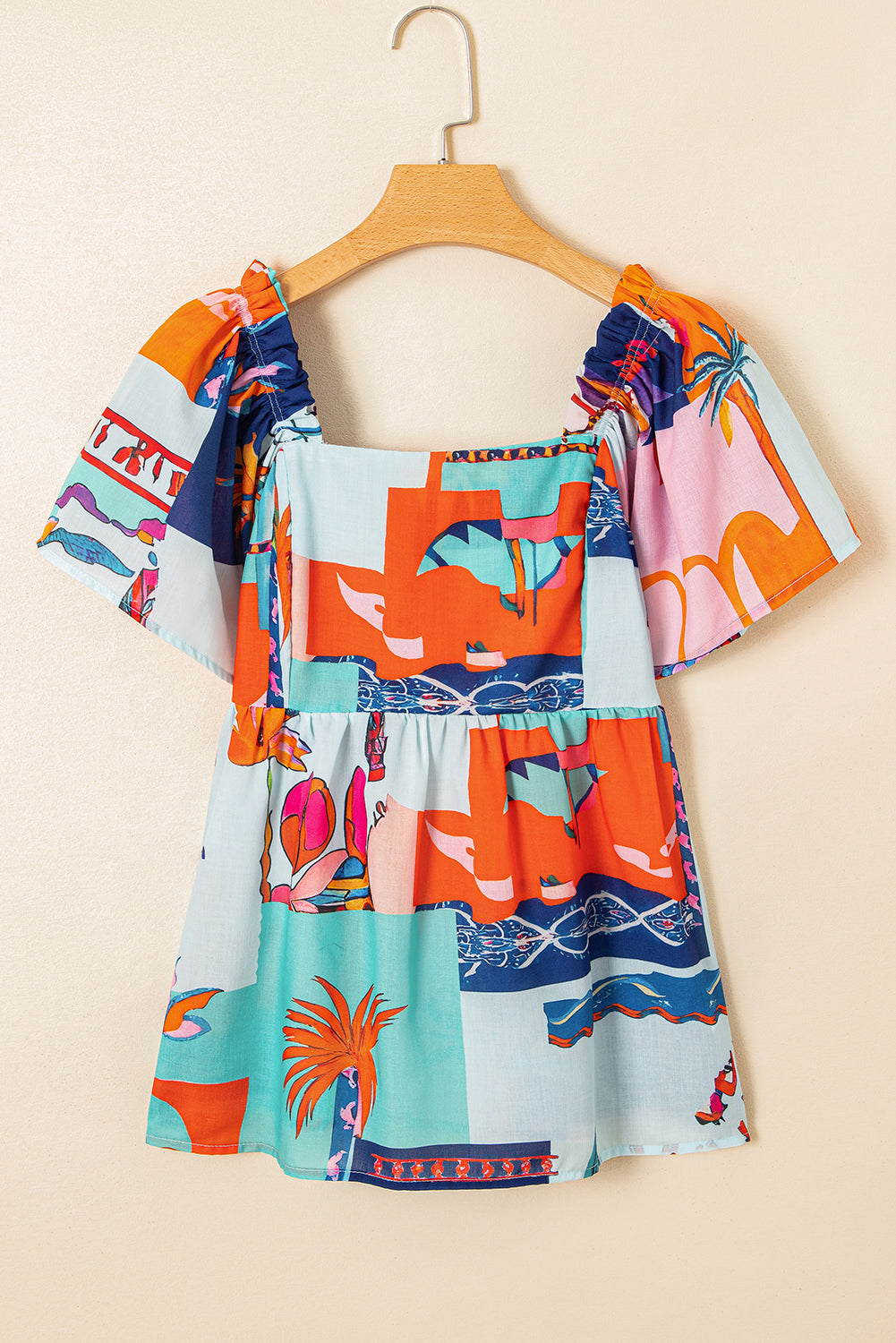 Sky Blue Tropical Printed Square Neck Flutter Sleeve Babydoll Blouse