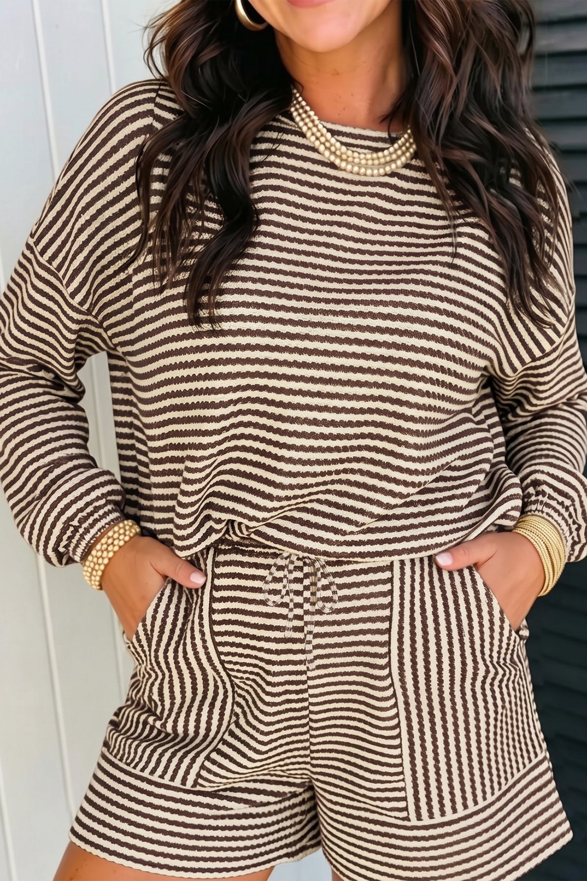 Black Stripe Textured Knit Long Sleeve Top Elastic Waist Shorts Casual Outfit