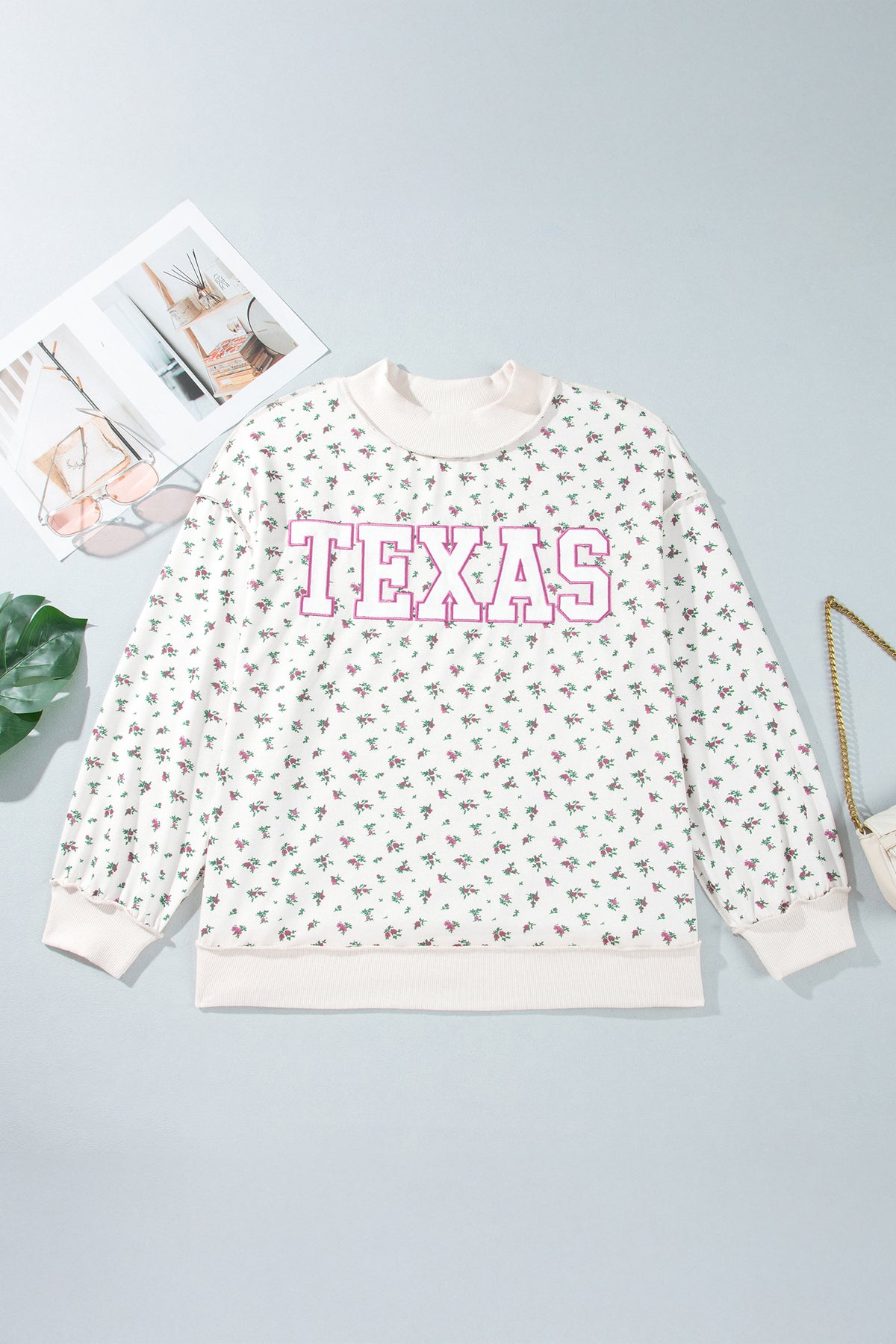 Apricot Floral Print Texas Long Sleeve Ribbed Neck Tunic Plus Size Sweatshirt