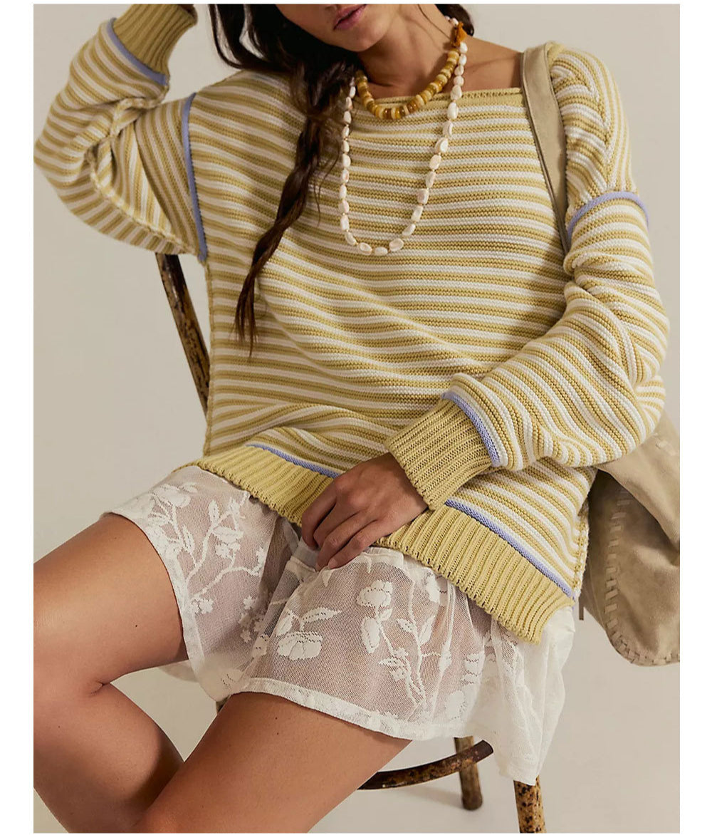 Striped Knit Pullover Sweater | Loose Fit Crewneck Top