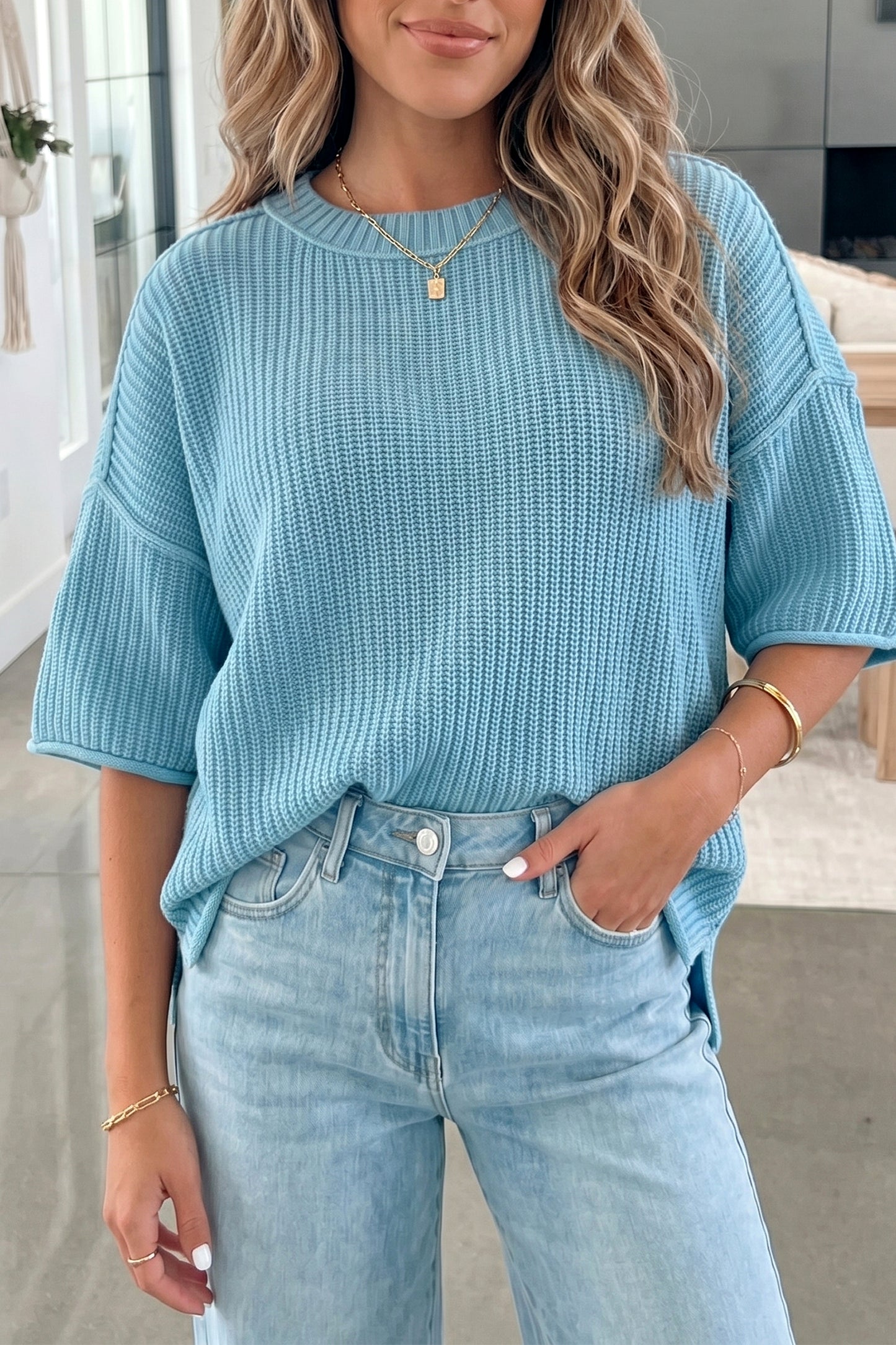 Mist Blue Exposed Seam Half Sleeve Knit Loose Sweater