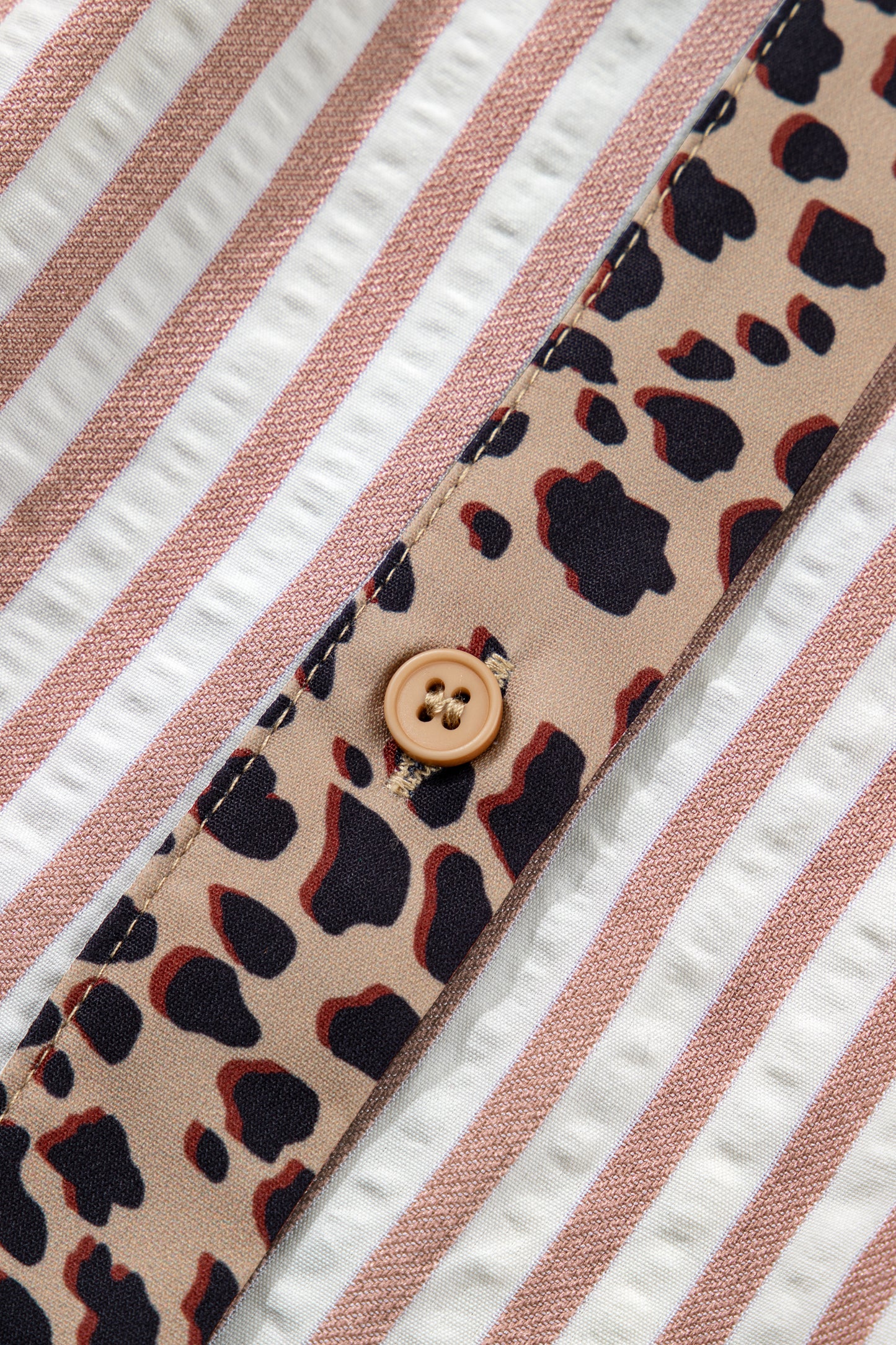 Pink Stripe Leopard Trim V Neck Button Down Half Sleeve Shirt