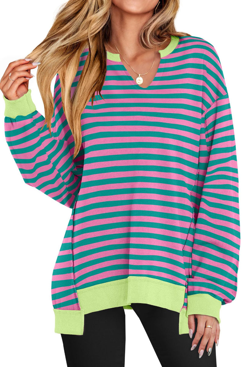 Striped V-Neck Pullover Sweatshirt with Contrast Trim