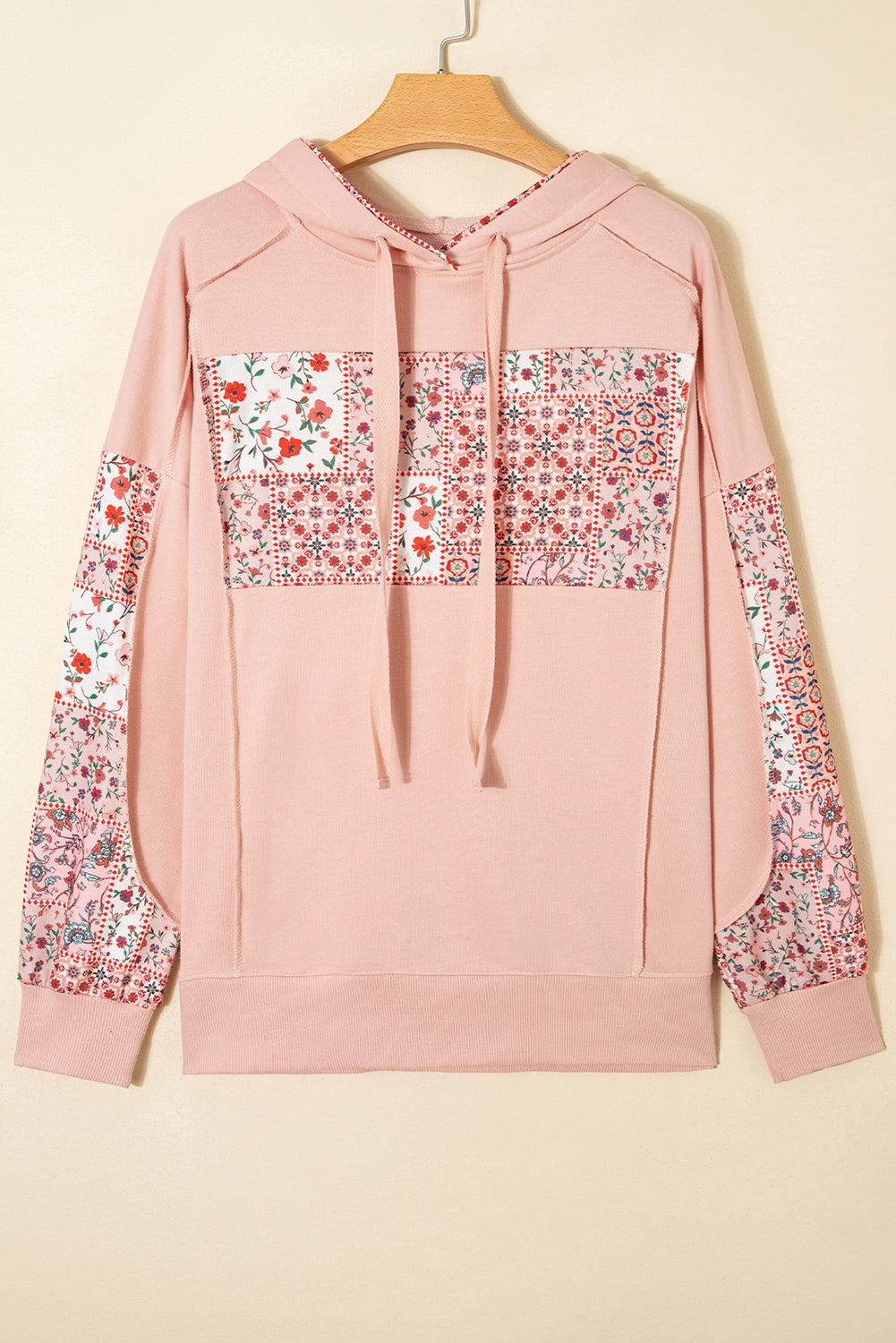 Flamingo Mix Floral Patchwork Side Slit Drawstring Hoodie
