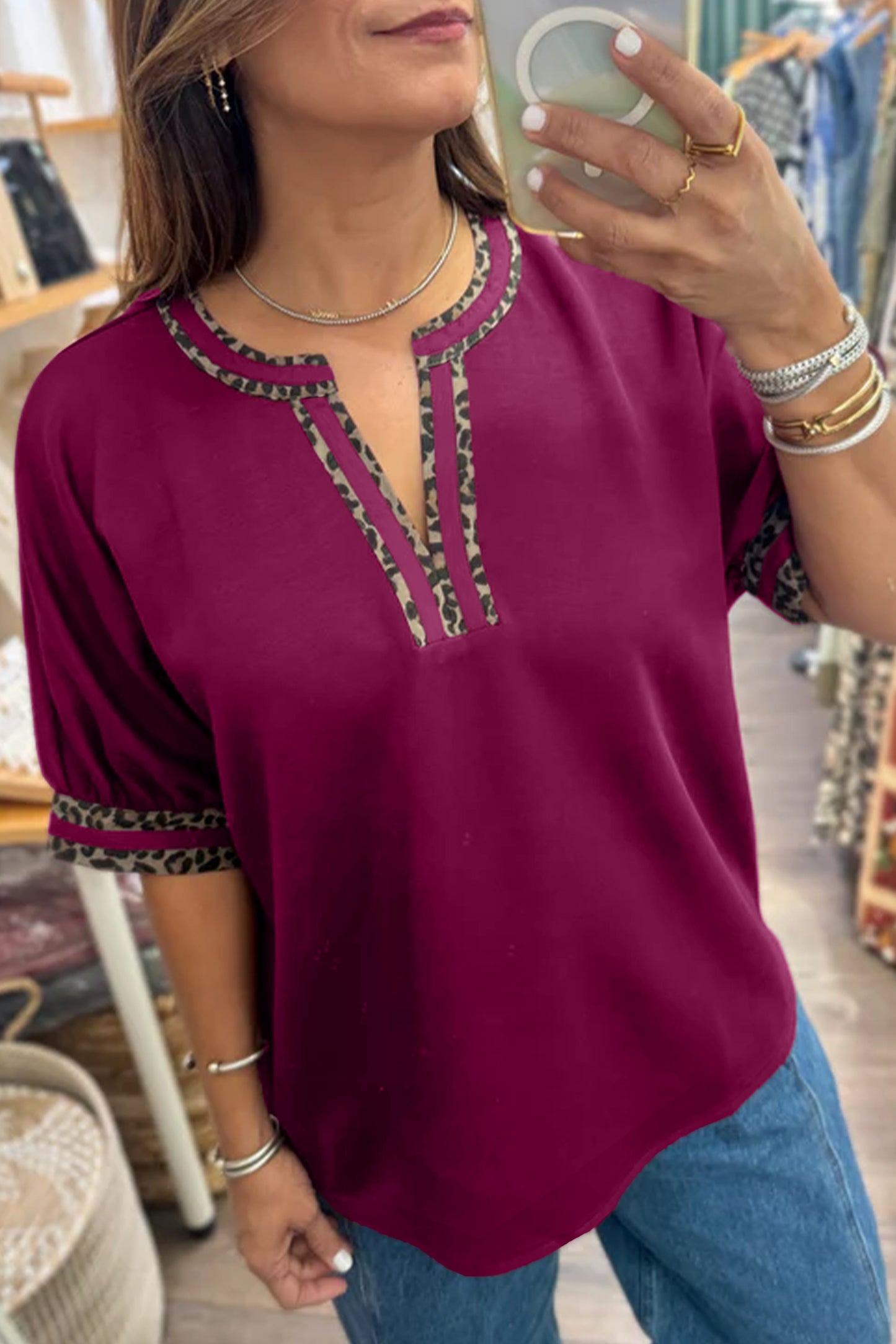 Red Dahlia Contrast Leopard Trim V Neck Short Sleeve Blouse