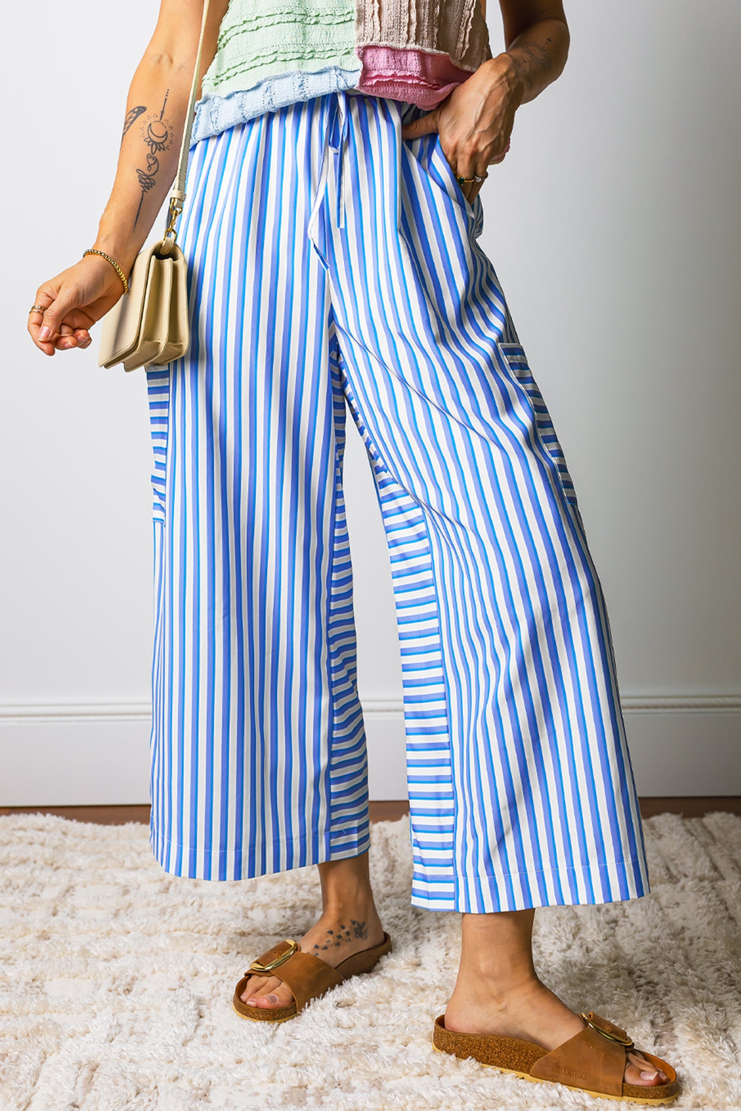 Striped Polyester Wide Leg Pants Casual Resort Trousers