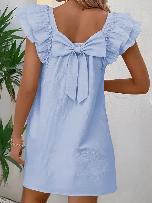 Light Pink Textured Flutter Sleeve Square Neck Bow Back Mini Dress