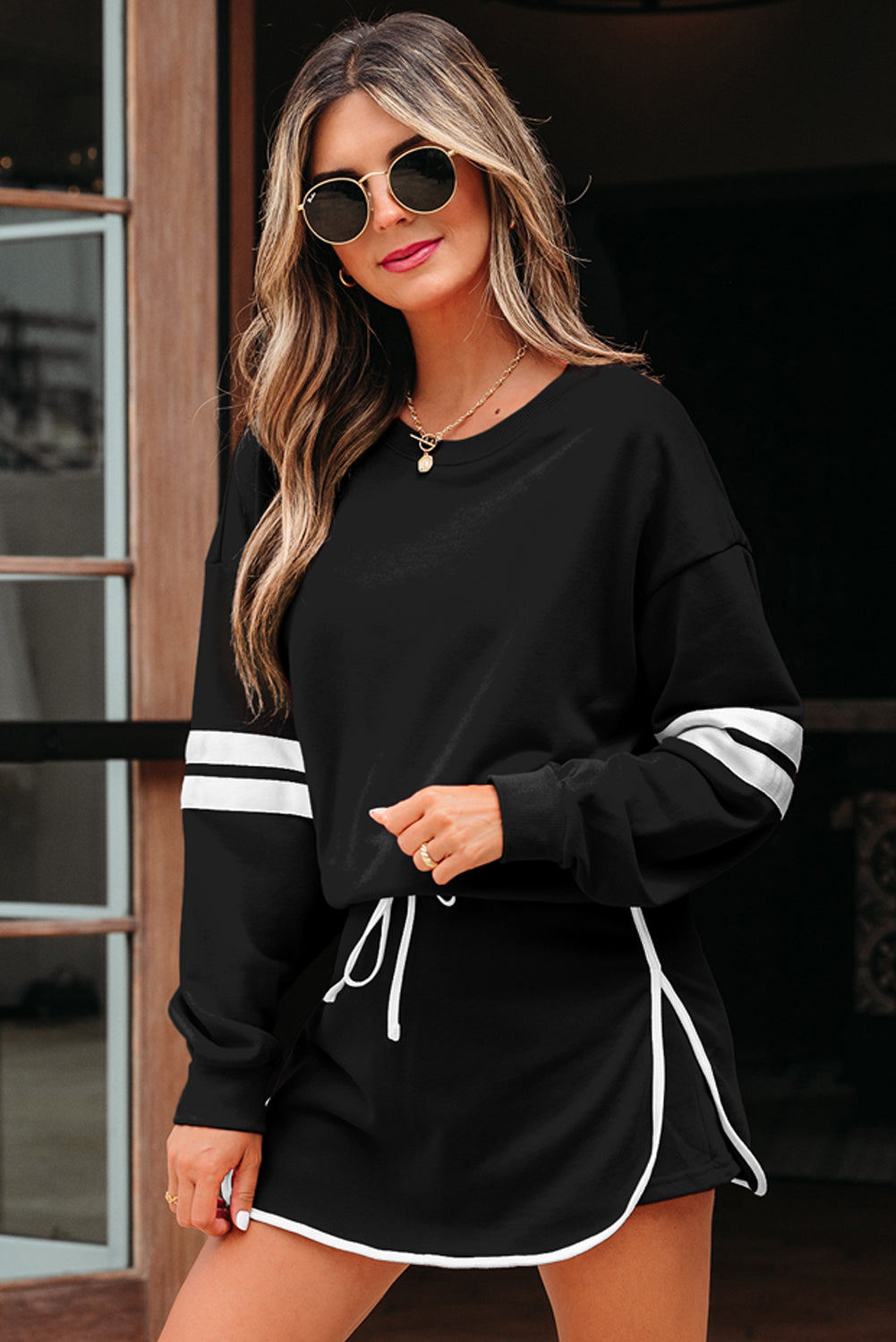 Orange Varsity Stripe Detail Drop Shoulder Pullover Mini Skirt Set