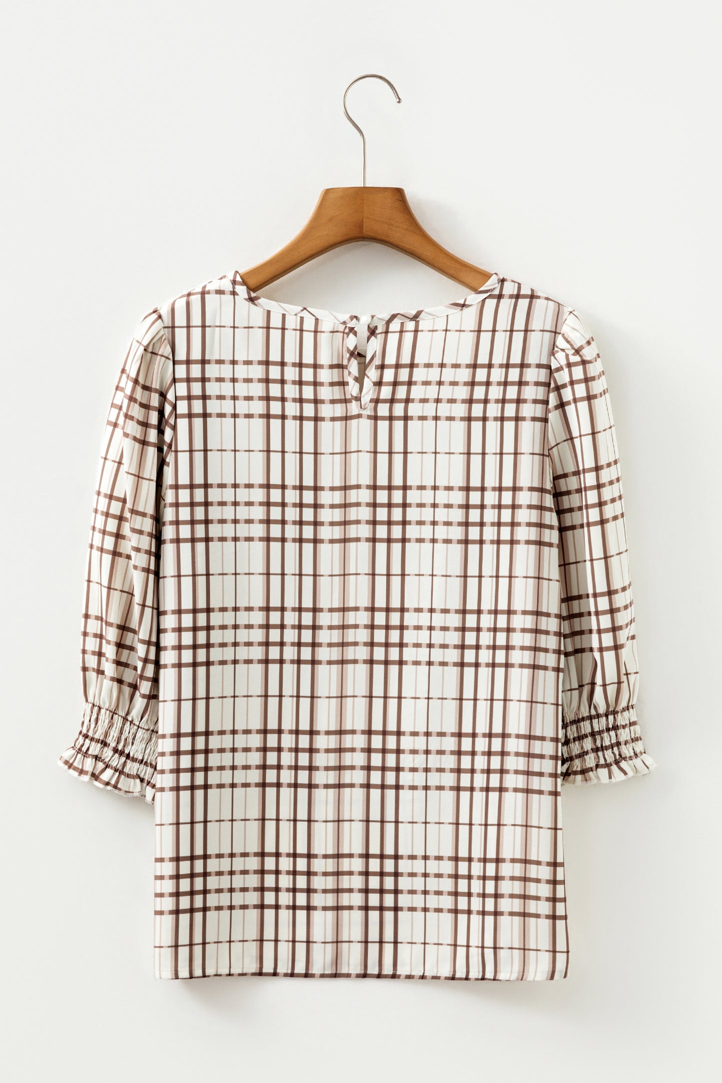 White Plaid Print Frilled Puffy Half Sleeve Blouse