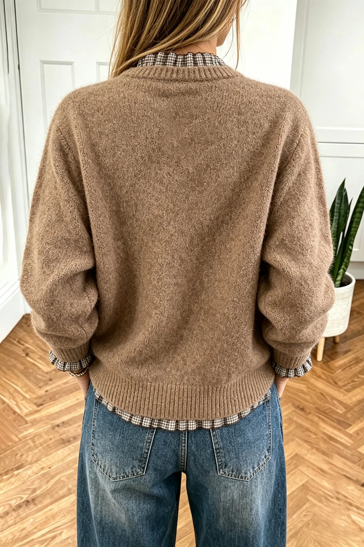 Chicory Coffee Contrast Plaid Ruffle Trim Pullover Sweater
