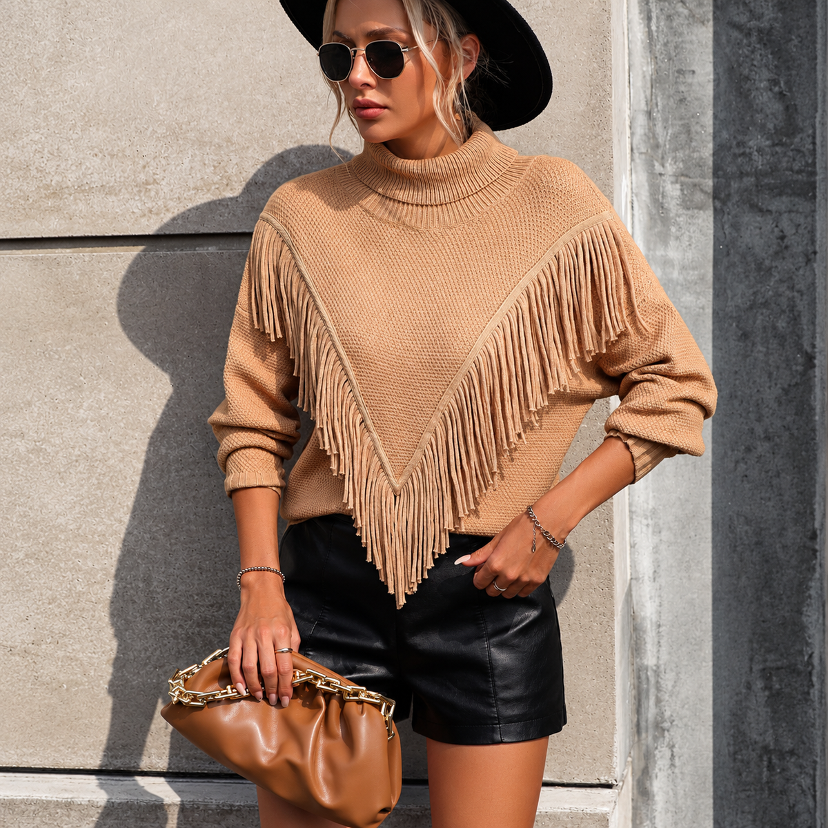 Women's Fringe Turtleneck Sweater Oversized Knit Pullover