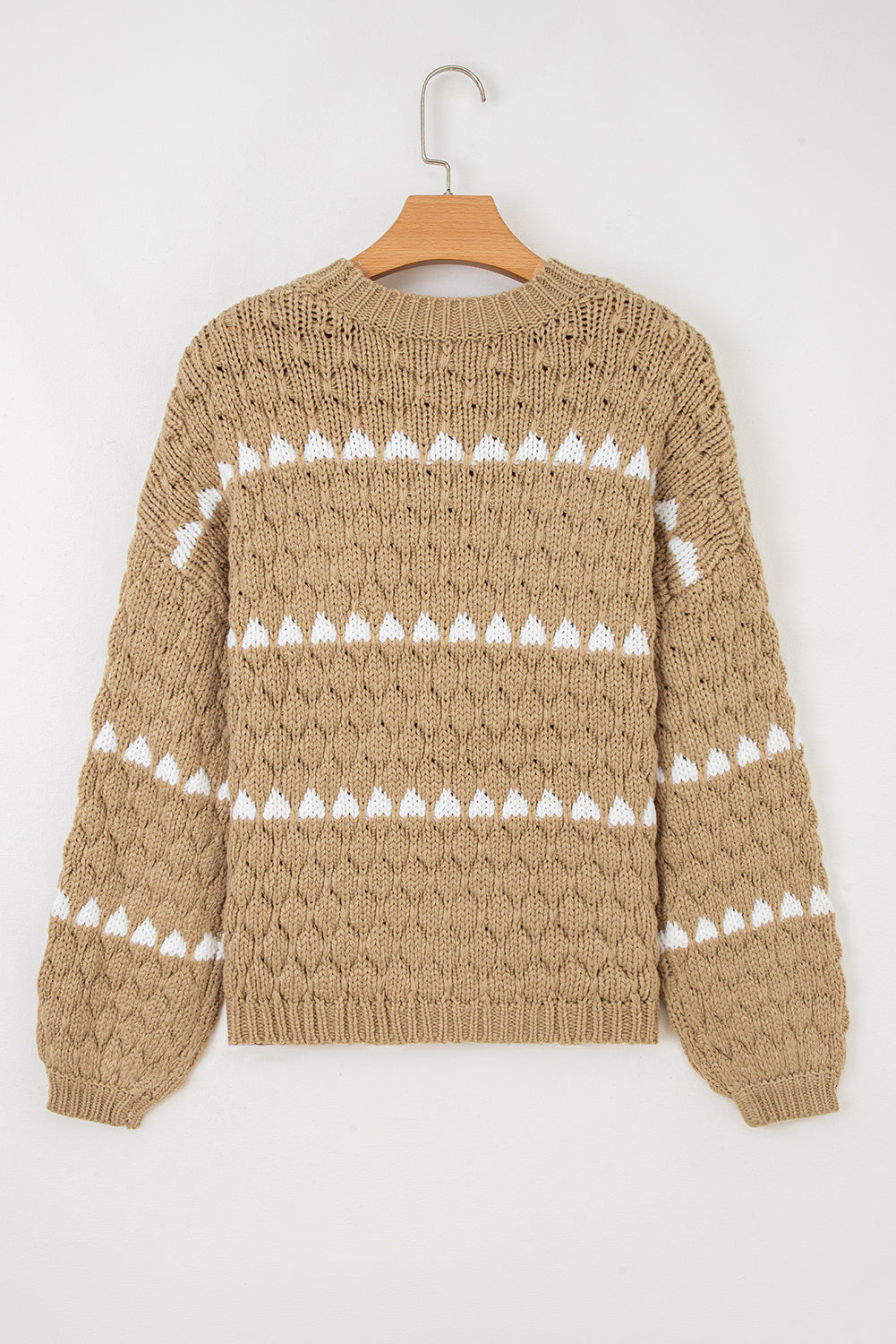 Pale Khaki Contrast Detail Textured Knit Puff Sleeve Baggy Sweater